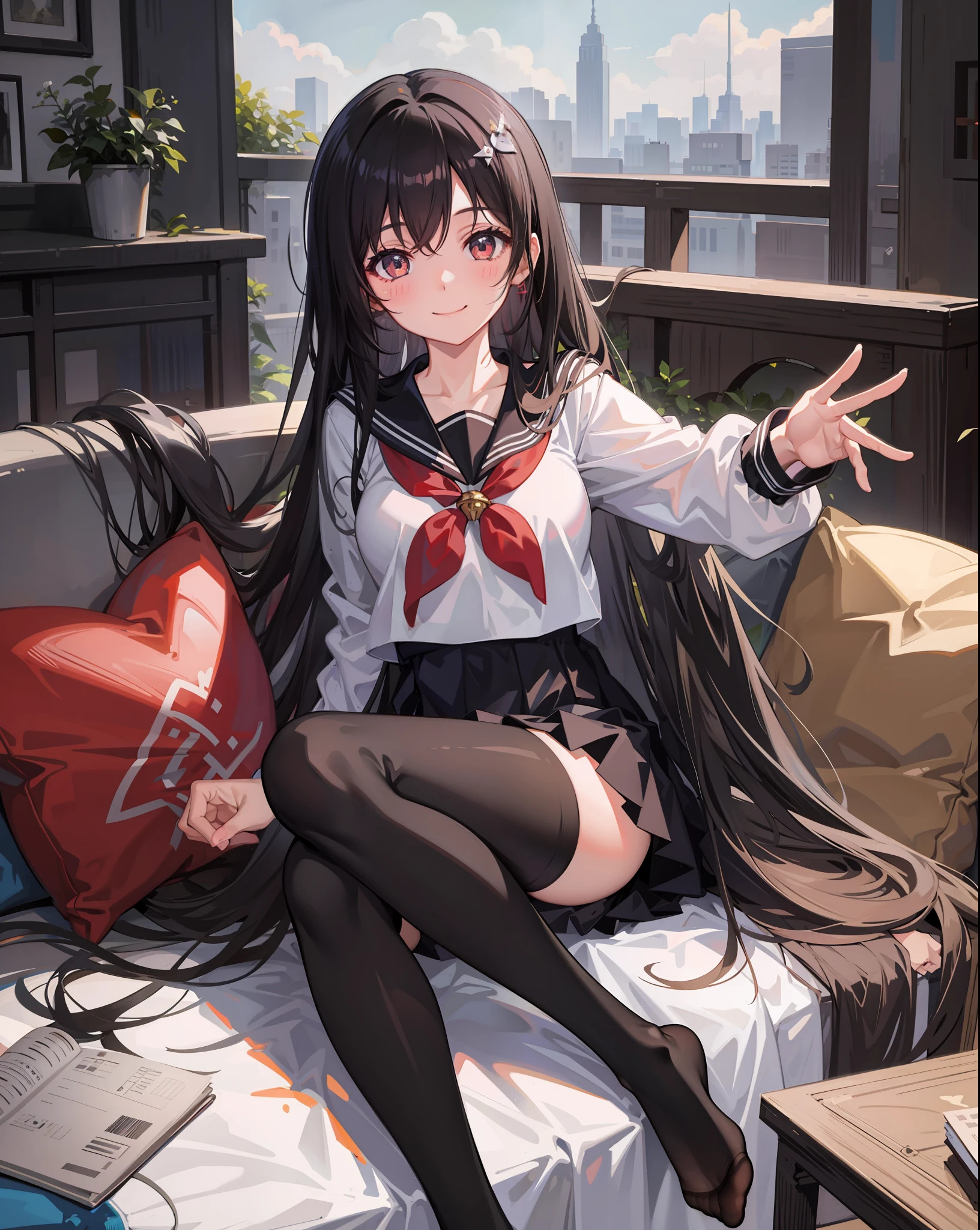 One girl, anime moe art style, in the room, smiling smile, sailor suit, 16 years old, sofa, semi-long black hair, black long tights, absolute realm,