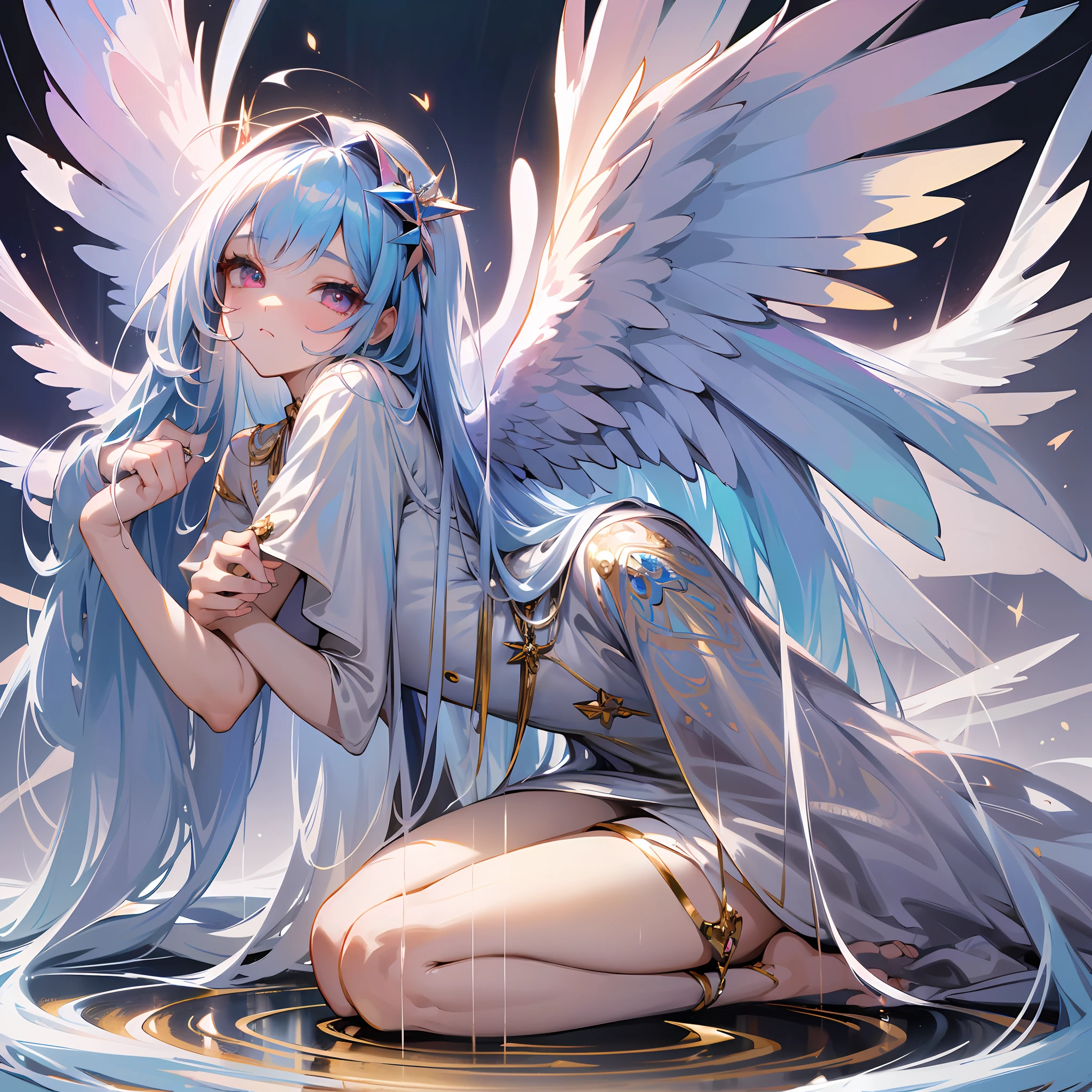 (Masterpiece: 1.4), (Best Quality: 1.4), (Very Cute Angel Girl, Super Detailed Face, Jewel-like Eyes, White Very Long Hair, Colorful Gradient Hair: 1.4), (Angel Ring: 1.4), (Angel Wings: 1.4), (Full Body, Perfect Two Arms, Perfect Two Legs: 1.4), Light, Shine