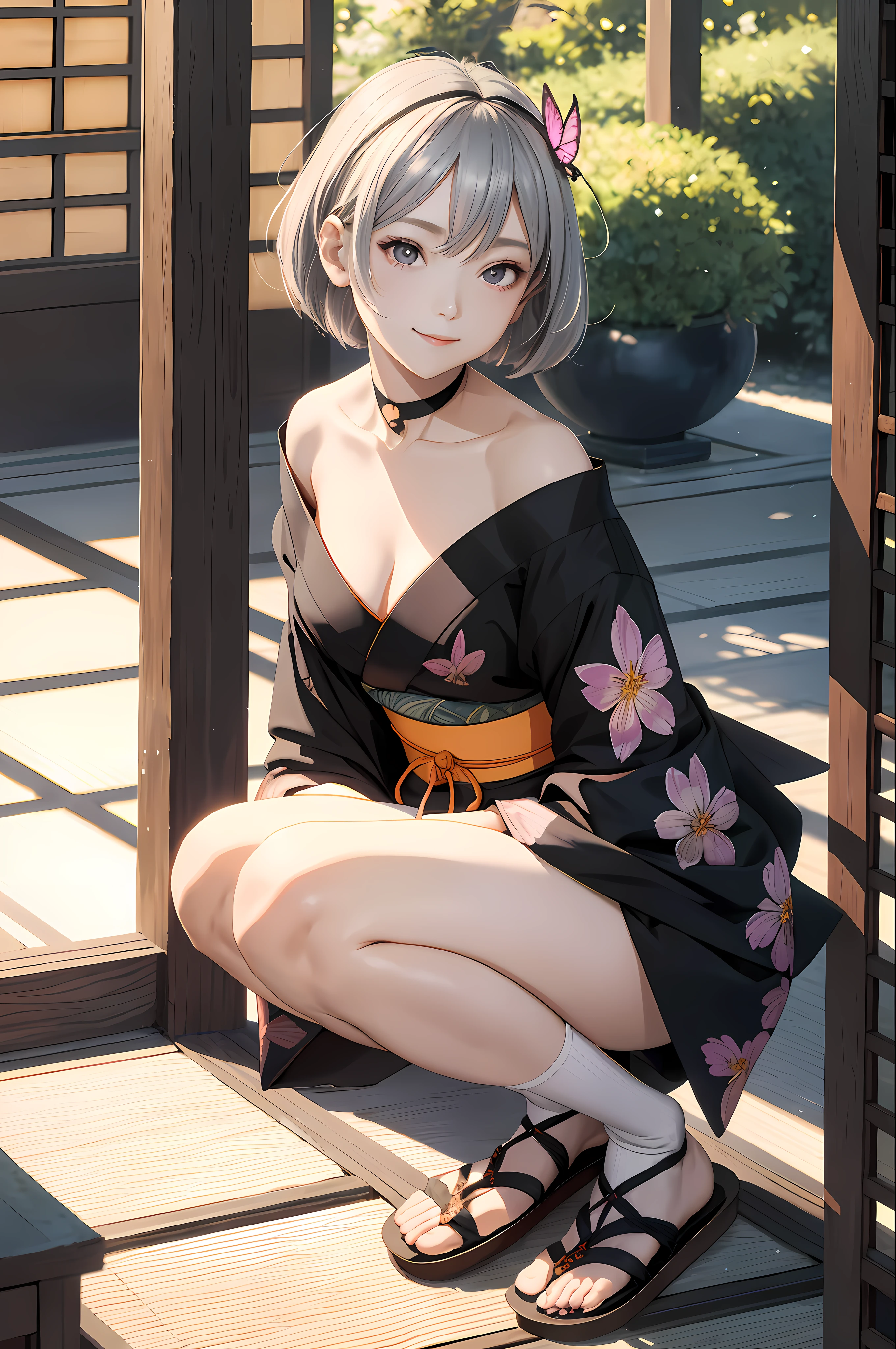 Masterpiece, exquisite, high resolution, (best lighting, best shadow, very delicate and beautiful), one girl, solo, gray hair, side-cut bob, lilac eyes, mouth open, smile, teeth, upper teeth only, choker, butterfly choker, collarbone, cleavage, middle chest, thigh, bandage, bandaged leg, sarashi, chest sarashi, black sash, kimono, drawstring, obi, obiage, obijime, orange kimono, drawstring, patterned kimono, rope, short kimono, bare shoulder, East Asian architecture, cherry blossoms, whole body, squatting, sparkler, night, black socks, sandals, legs crossed, looking_at_viewer, (((((Tyndale effect)))),