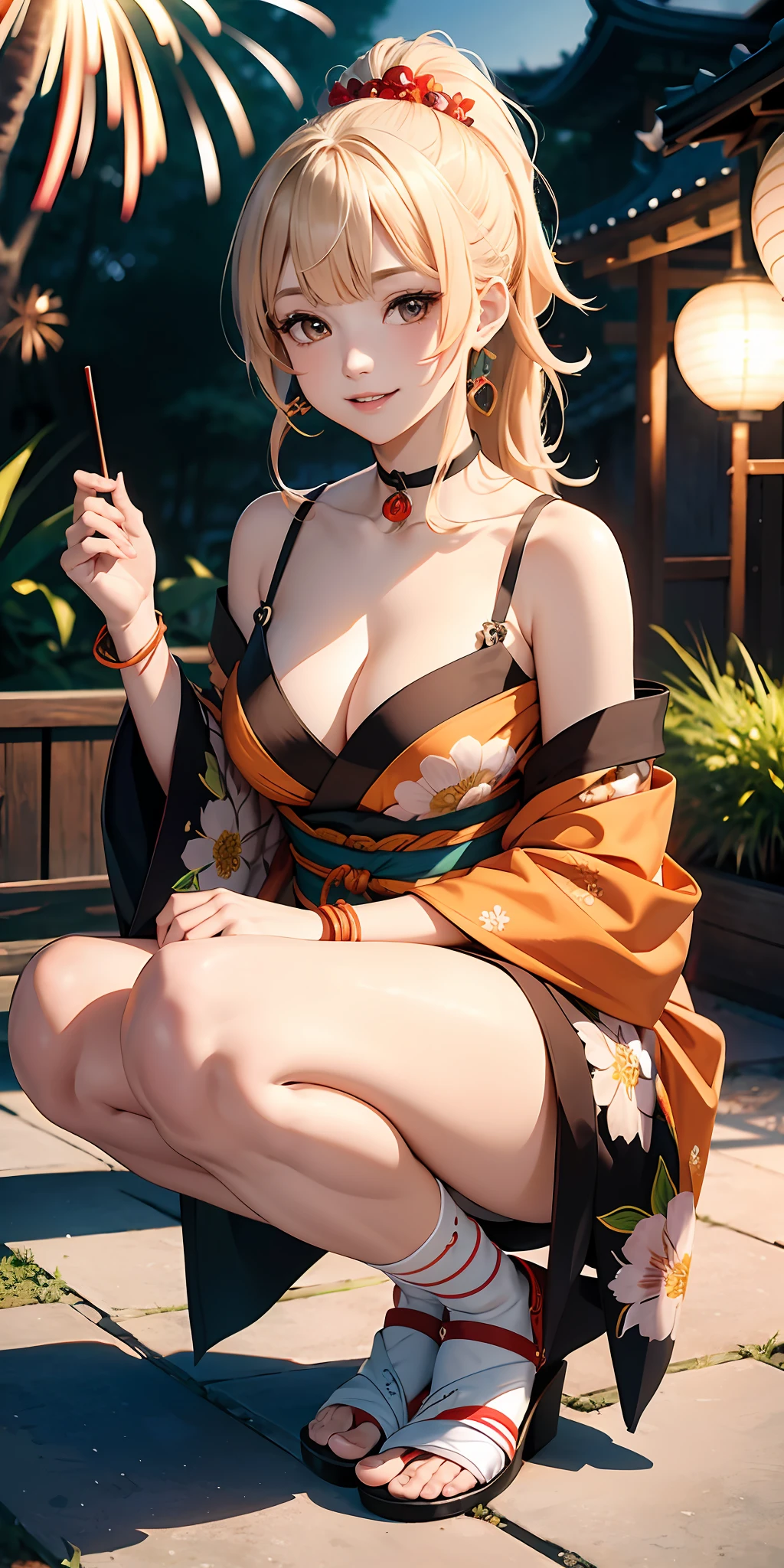 Detail, depth of field, ((((Masterpiece)))), (((Highly detailed CG Unity 8k wallpaper)), highest quality, high resolution illustration, amazing, high resolution, intricate detail, (best lighting, best shadow, very delicate and beautiful),single woman, blonde, medium hair, asymmetrical hair, floating hair, blindfold, high ponytail, side lock, hair ornament, fish hair ornament, tassels, kanzashi, bangs, orange eyes, open mouth, smile, teeth, upper teeth only, choker, red choker, pendant choker, butterfly choker, collarbone, tattoo, chest tattoo, flower tattoo, cleavage, middle chest, thighs, bandages, bandaged legs, sarashi, budget sarashi, chest sarashi, black sash, hadanugi dosa,, kimono, kimono, drawstring, obi, obiage, obijime, orange kimono, drawstring, patterned kimono, rope, obi, shimenawa, short kimono, bare shoulder, genshin, east east Asian architecture, cherry blossoms, full body, squatting, sparkler, night, fireworks, fireworks, legs crossed, Feet, Wristband, Black Socks