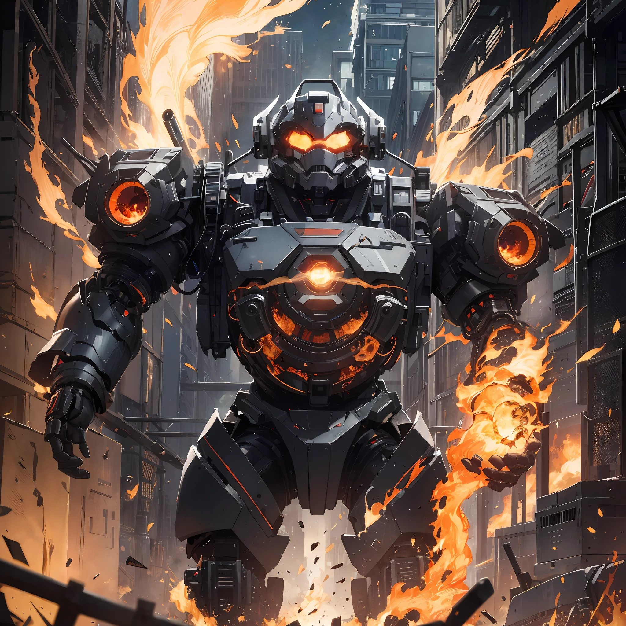 Absurd resolution, high resolution, (masterpiece: 1.4), hyper-detail, a mech, black armor, large warehouse, open eyes, red glasses, facing the lens, fire, body power stove heat, robotic arm with flames and white smoke on its hands