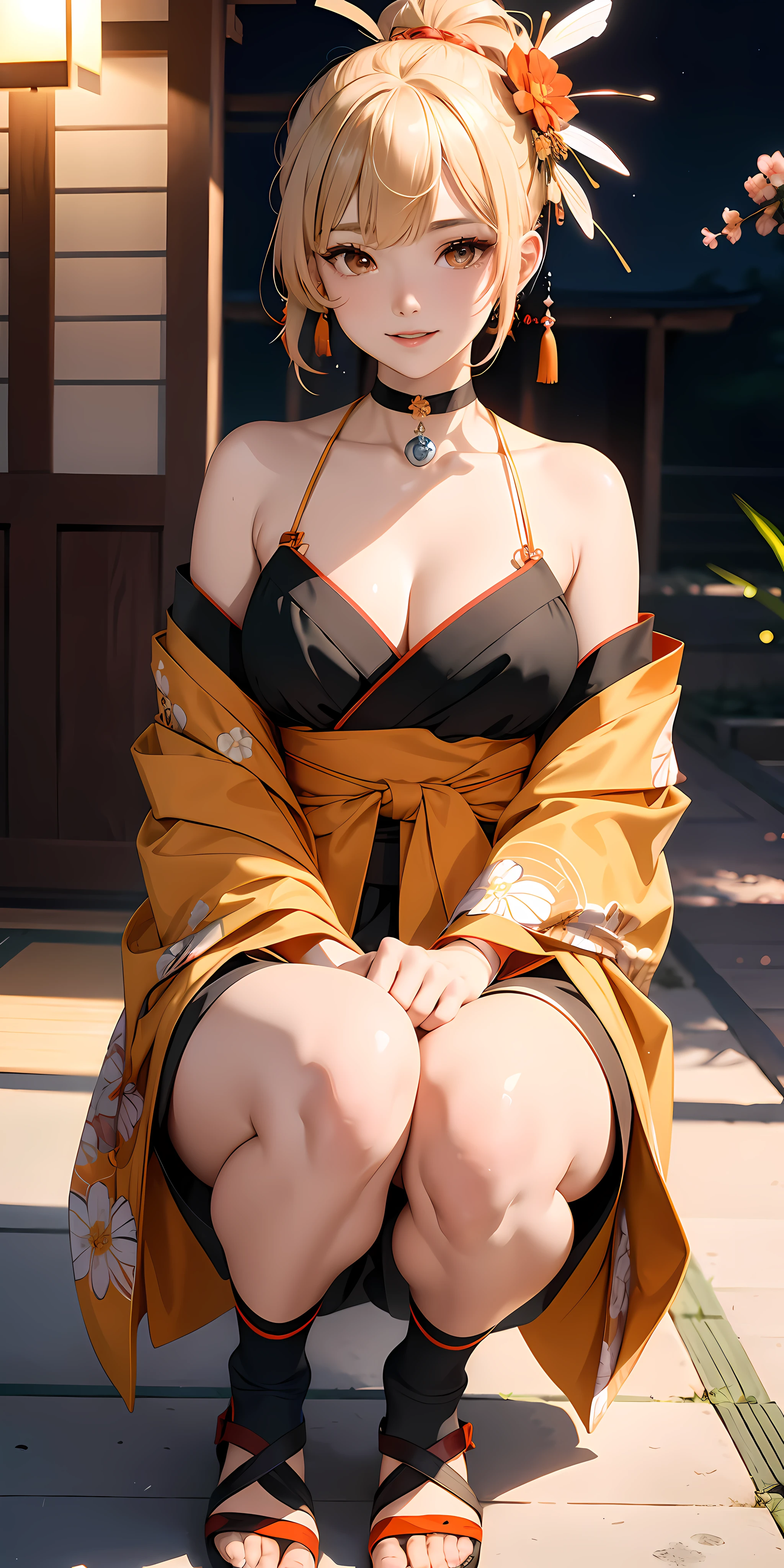 Detail, depth of field, ((((Masterpiece)))), (((Highly detailed CG Unity 8k wallpaper)), highest quality, high resolution illustration, amazing, high resolution, intricate detail, (best lighting, best shadow, very delicate and beautiful),single woman, blonde, medium hair, asymmetrical hair, floating hair, blindfold, high ponytail, side lock, hair ornament, fish hair ornament, tassels, kanzashi, bangs, orange eyes, open mouth, smile, teeth, upper teeth only, choker, red choker, pendant choker, butterfly choker, collarbone, tattoo, chest tattoo, flower tattoo, cleavage, middle chest, thighs, bandages, bandaged legs, sarashi, budget sarashi, chest sarashi, black sash, hadanugi dosa,, kimono, kimono, drawstring, obi, obiage, obijime, orange kimono, drawstring, patterned kimono, rope, obi, shimenawa, short kimono, bare shoulder, genshin, east east Asian architecture, cherry blossoms, full body, squatting, sparkler, night, fireworks, fireworks, legs crossed, Feet, Wristband, Black Socks