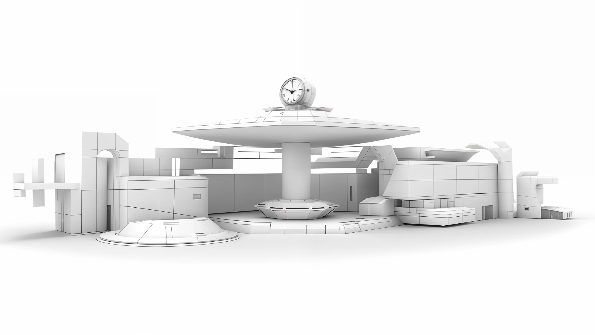 a close up of a white building with a clock on top, ambient occlusion render, an ambient occlusion render, rendered in keyshot, concept render, ambient occlusion:3, futuristic outpost building, official render, ambient occlusion, depicted as a 3 d render, strong ambient occlusion, high res render, kawaii hq render