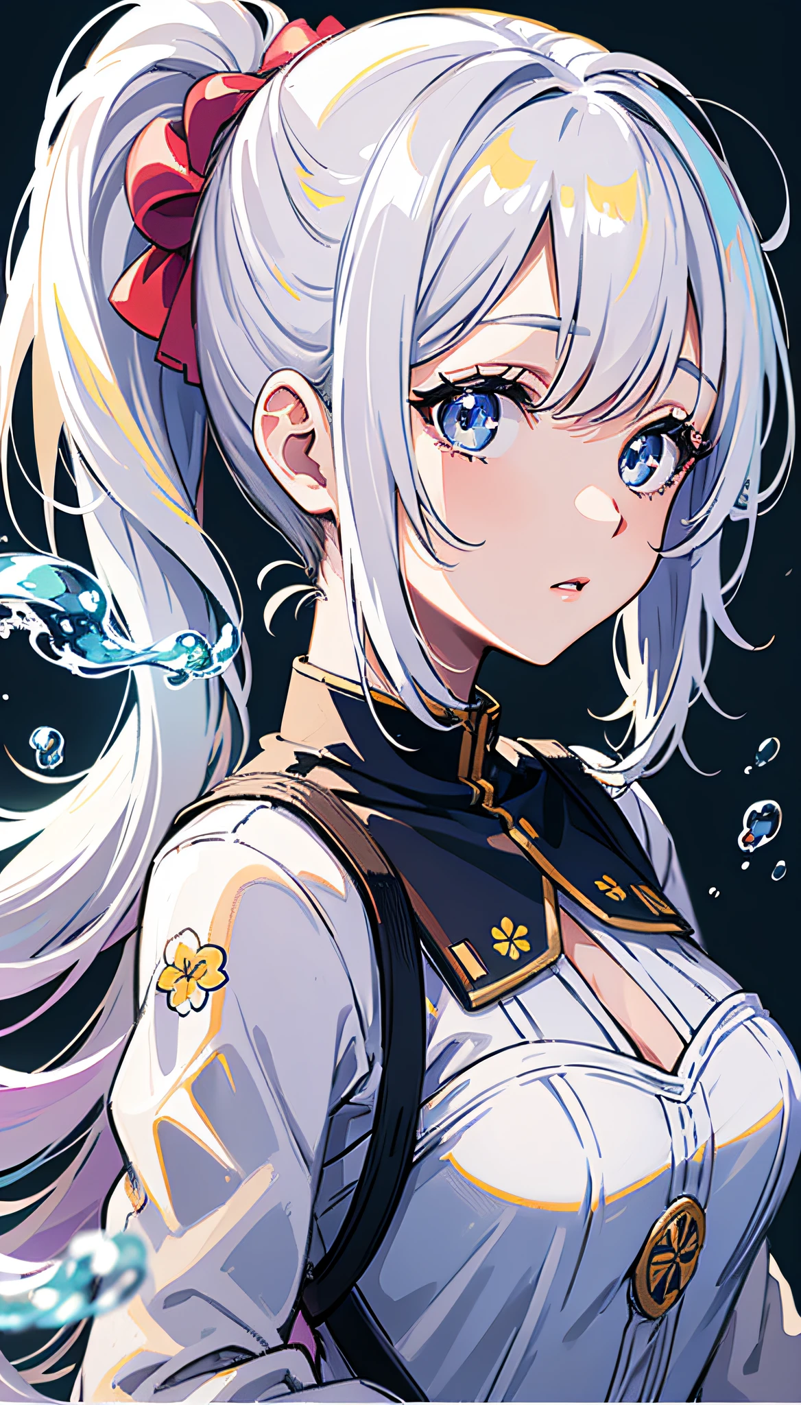 (masterpiece), (best quality), (ultra detailed),(disheed hair),(illustration), (1girl), (Fashionable clothing), standing, Fashion model, looking at viewer, (interview), (simple background), beautiful and delicate eyes, delicate beauty, floating, (high saturation), (colorful splash), colorful bubbles, (shine), focus on face, ponytail, Ayaka Kamisato, white hair, bangs, hair ring, floating flowers, flowing hair, (shiny), best lighting, best shadow,