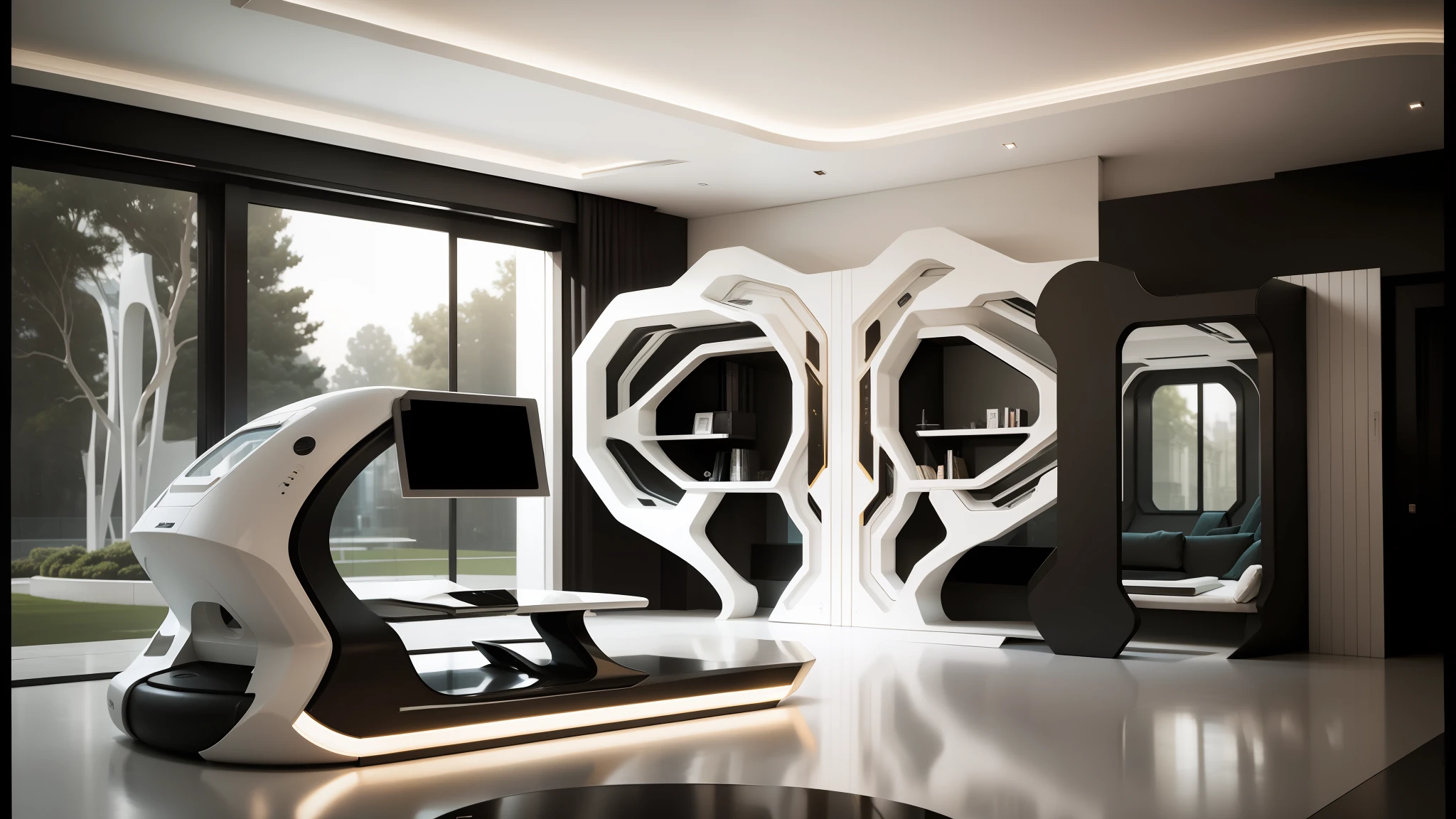 there is a modern living room with a large window and a large white couch, elegant futuristic wardrobe, futuristic furniture, futuristic room, futuristic decor, gaming room in 2 0 4 0, futuristic design, futuristic interior, zaha hadid style architecture, modern gallery furniture, futuristic room background, futuristic decoration, bio-inspired design, futuristic looking living room, in style of zaha hadid architect --auto --s2