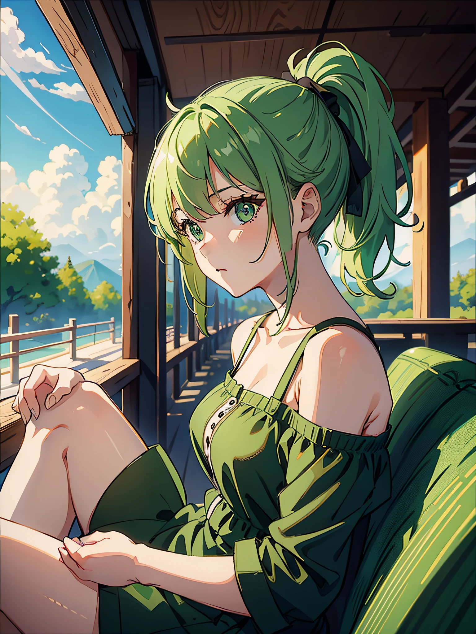 1girl, ponytail, side bangs, green hair, sitting, dress, adult, small ???????, background blur, bored, from below, close-up
