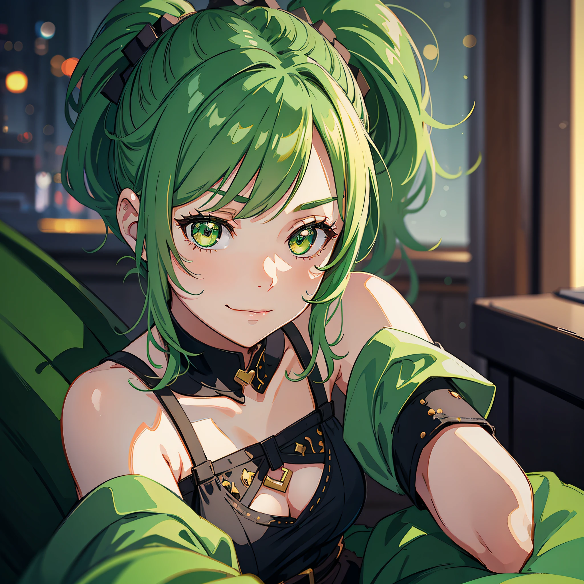 1girl, ponytail, side bangs, green hair, sitting, dress, mature, small breasts, smile, bored, gloom (expression), bokeh, from below, close-up