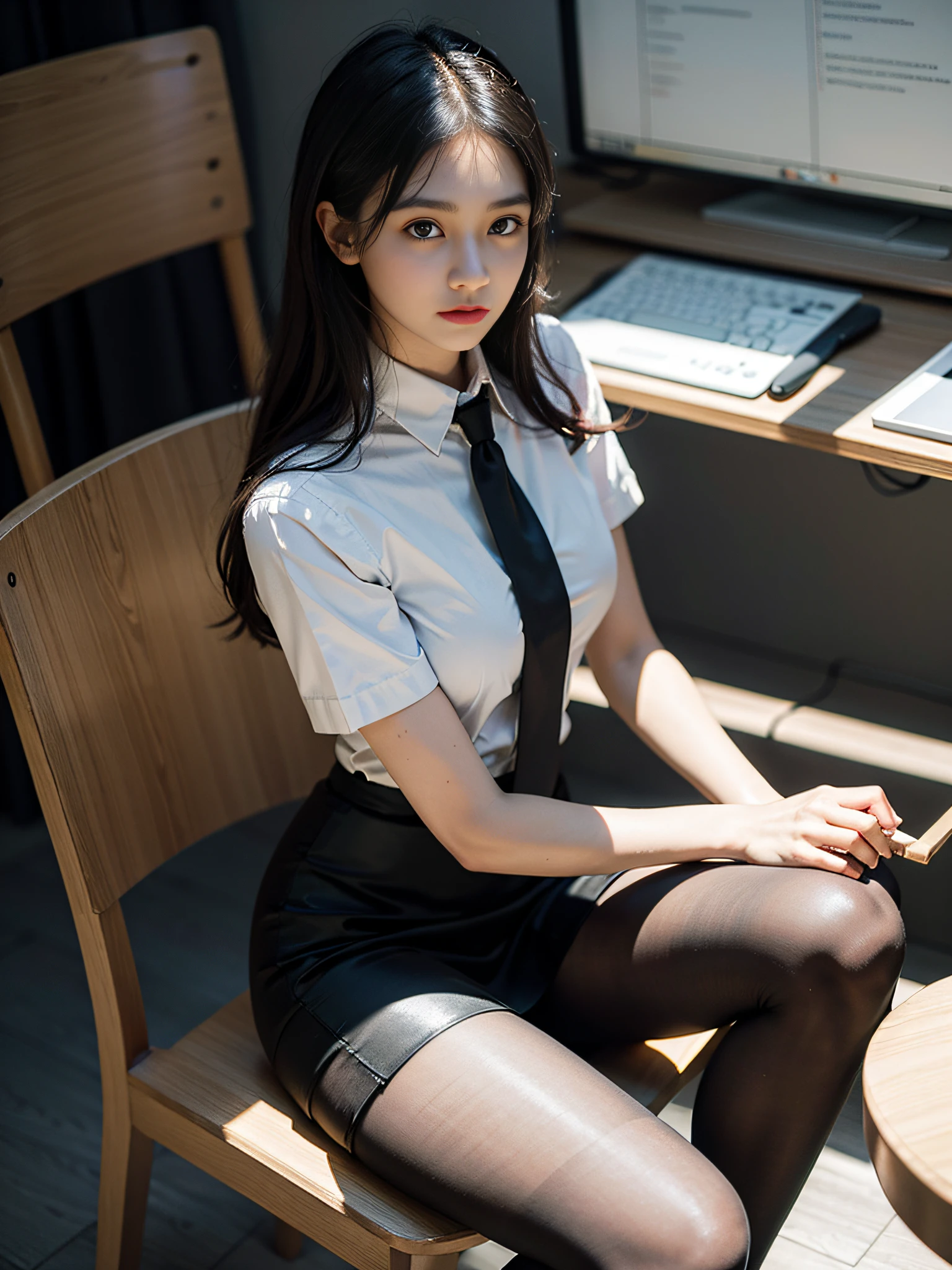 1girl,young girl, shiny skin,medium breasts,nice leg line:1.3, thin waist,school uniform, thighhighs,necktie,((pencil skirt)),looking at viewer,from below,( pantyhose:1.3),(The golden ratio figure),(Office, sit in a chair:1.3),Close range
masterpiece, best quality, best perspective, ultra-detailed and intricate, extremely delicate and beautiful, best quality light, (ray tracing:1.1), anti-aliasing,
realistic,photorealistic,award-winning illustration,(intricate details:1.2),(delicate detailed) (intricate details),(cinematic light,best quality Backlights),clear line,sharp focus,official art,unity 8k wallpaper,absurdres,incredibly absurdres,huge filesize,ultra-detailed,highres,extremely detailed extremely delicate and beautiful,RAW photo, professional lighting,dynamic lighting,light on the face,depthoffield,solofocus,