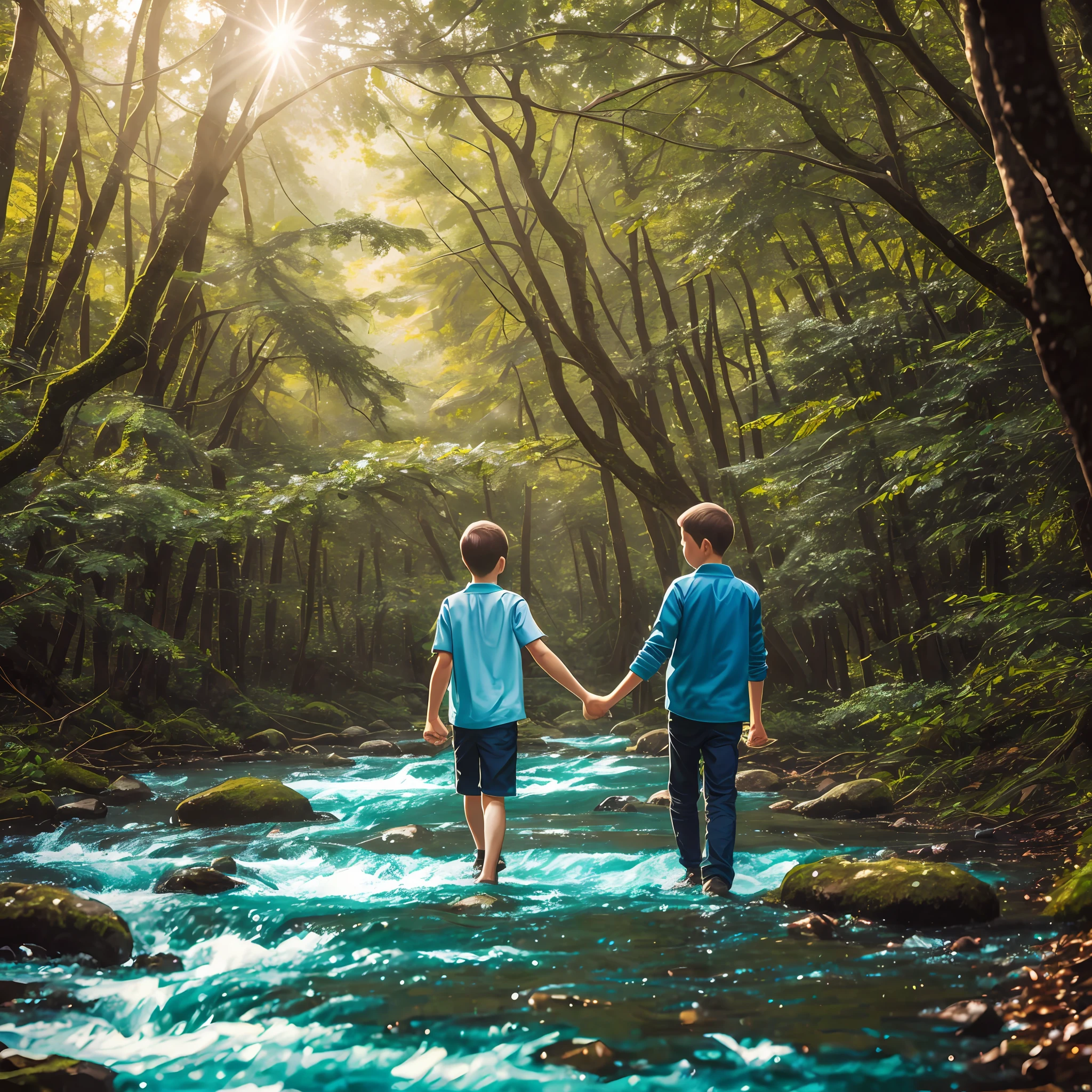 8k, best quality, ultra realistic, highly detailed,1 boy ,1 girl , walking, on forest, holding hands,sum set time,river ,trees, romantic, butiful nature, --auto --s2