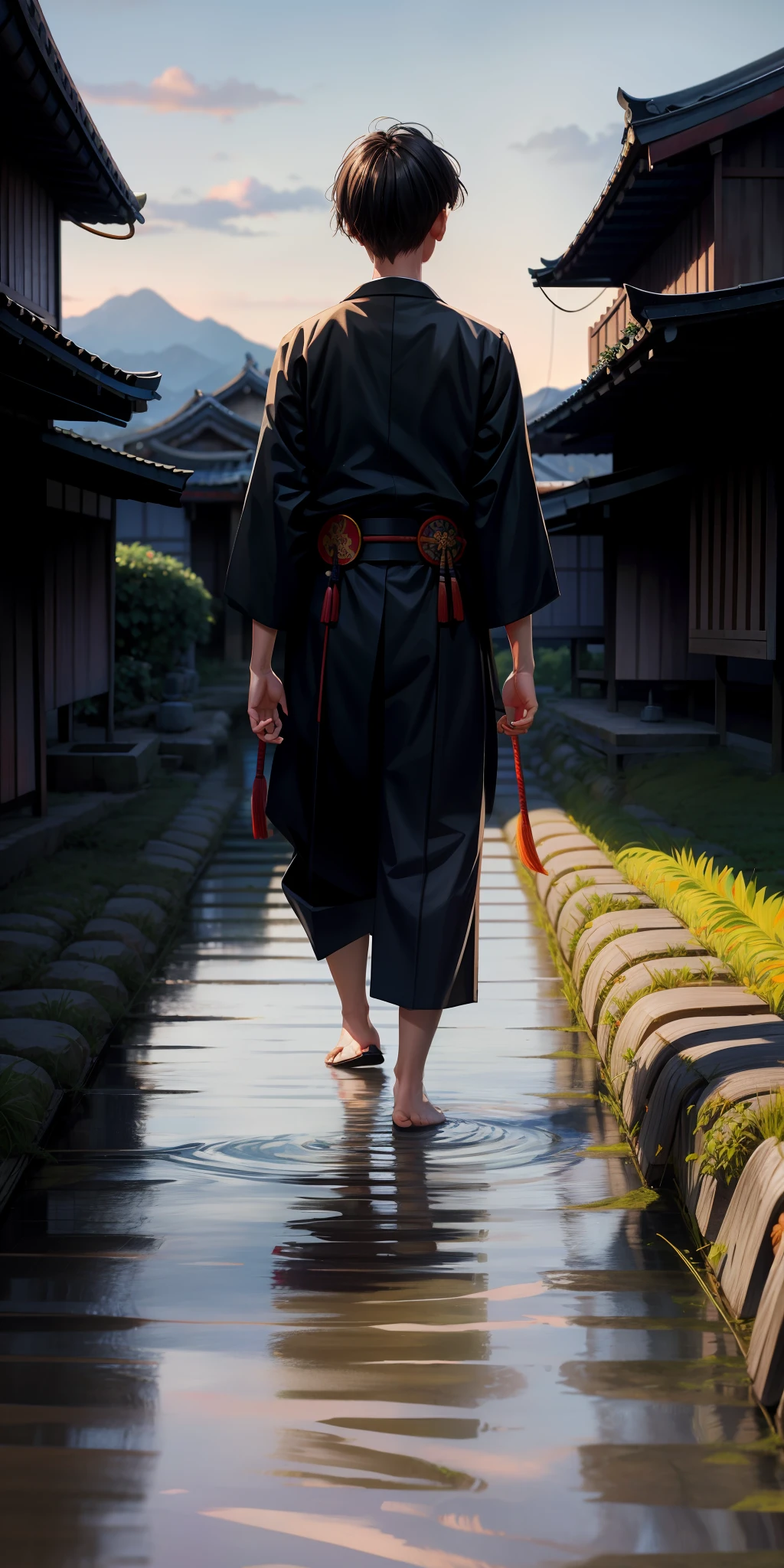 Realistic, Momotaro, 1 boy, peach, samurai, detailed hands, detailed feet, old house, countryside, walking rice fields, demon slaying