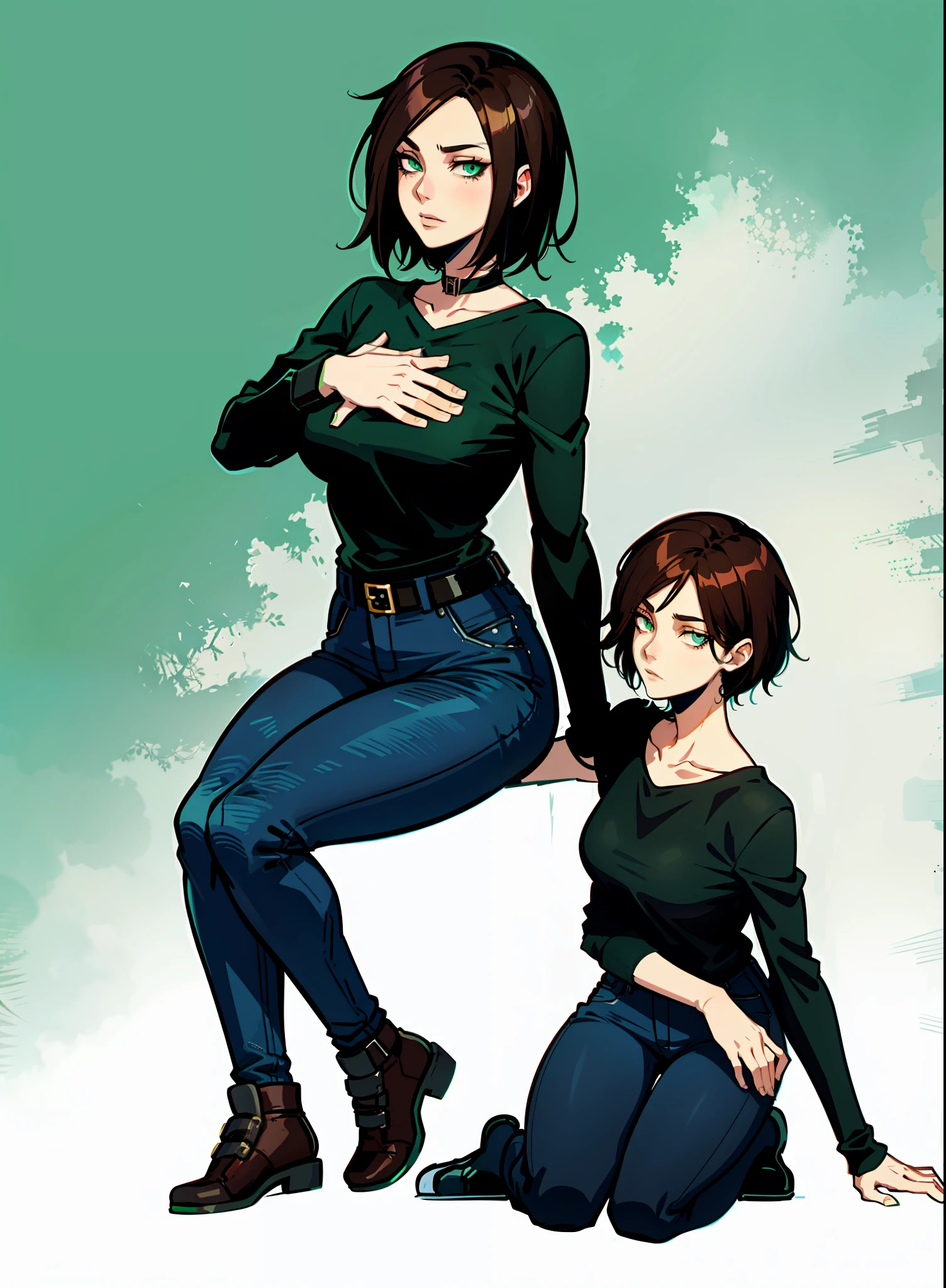 anime character of a woman with a black shirt longsleeve and blue jeans, short brown hair, neck length, green eyes, a digital painting inspired by Tomer Hanuka, trending on pixiv, serial art, heavy gesture style closeup, full body details, wearing casual clothes, style anime, anime style hyper detailed, anime style character, striking detailed artstyle, realistic artstyle, clean detailed anime style, modern anime style, Brown Hair