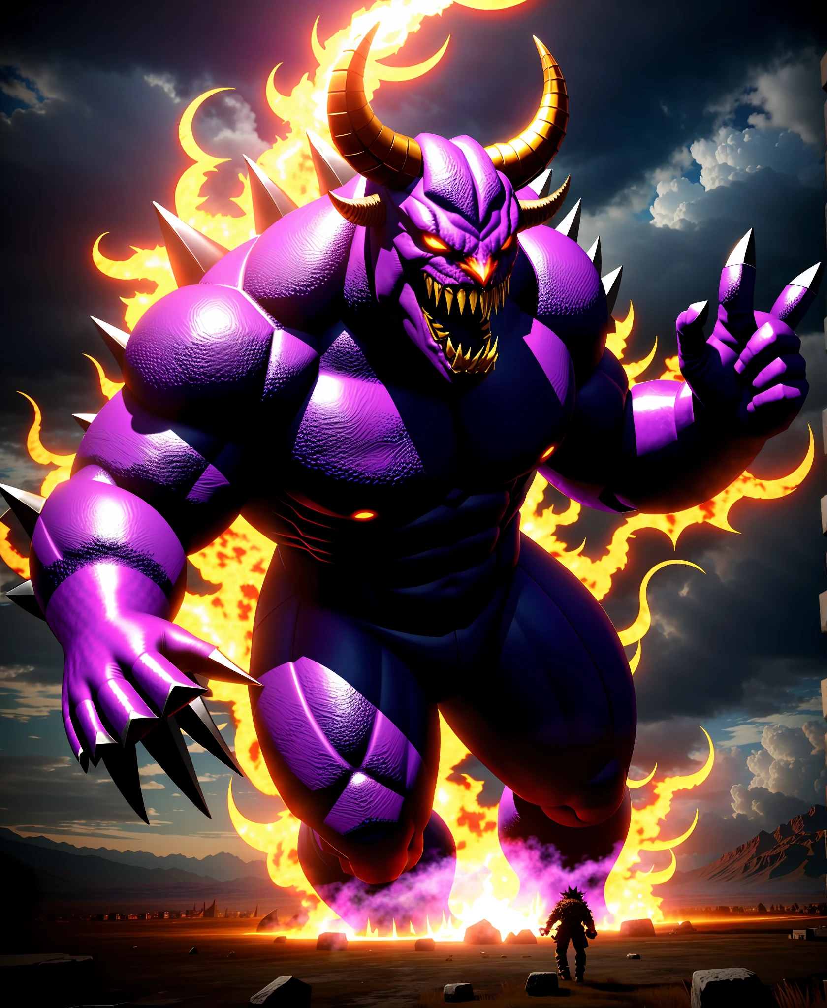 Giant monster, scary, evil, in hell, purple, horned, claws, unbelievably scary, mutant creatures, chaos