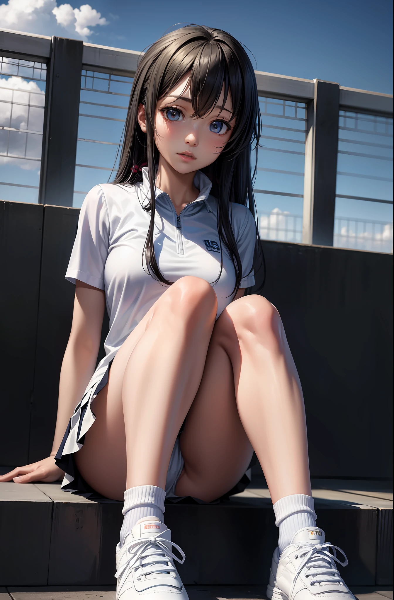 masterpiece, 1girl, solo, yukino yukinoshita, glowing eyes, white sneakers, tennis wear, white miniskirt, white panties, white knee socks, masterpiece, top quality, realistic, hyper-detailed, blue sky, tennis court