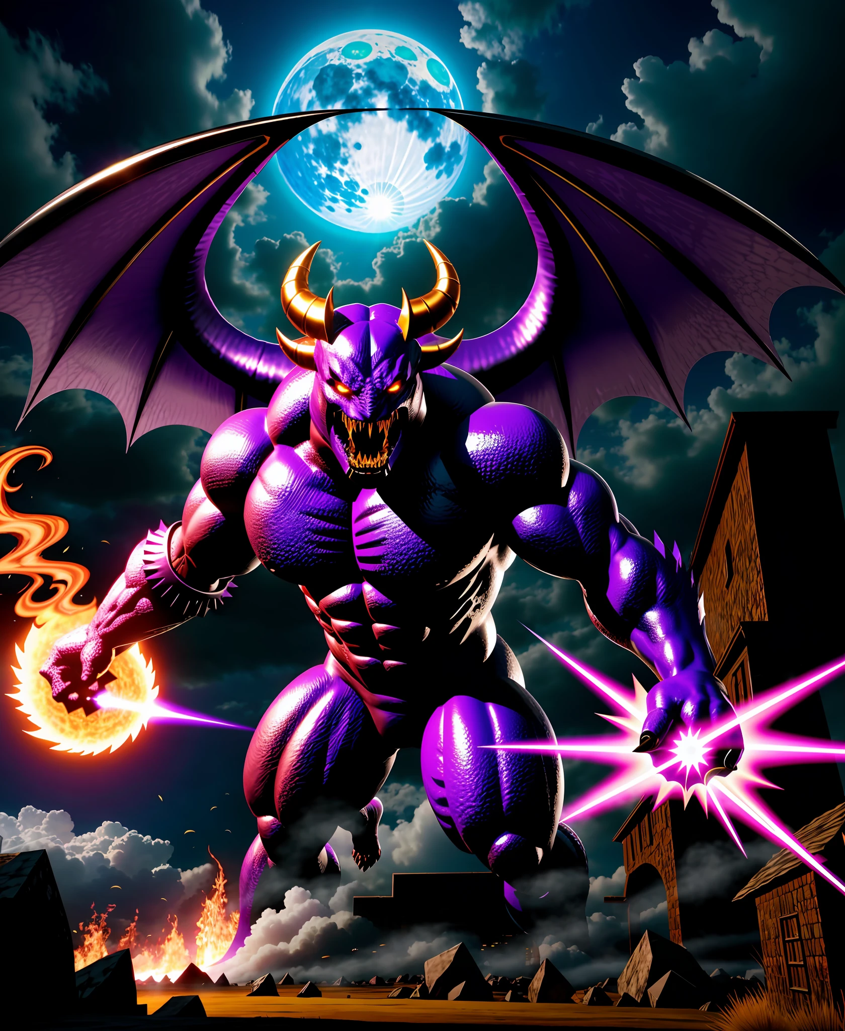 Giant monster, scary, evil, in hell, purple, horned, claws, unbelievably scary, mutant creatures, chaos