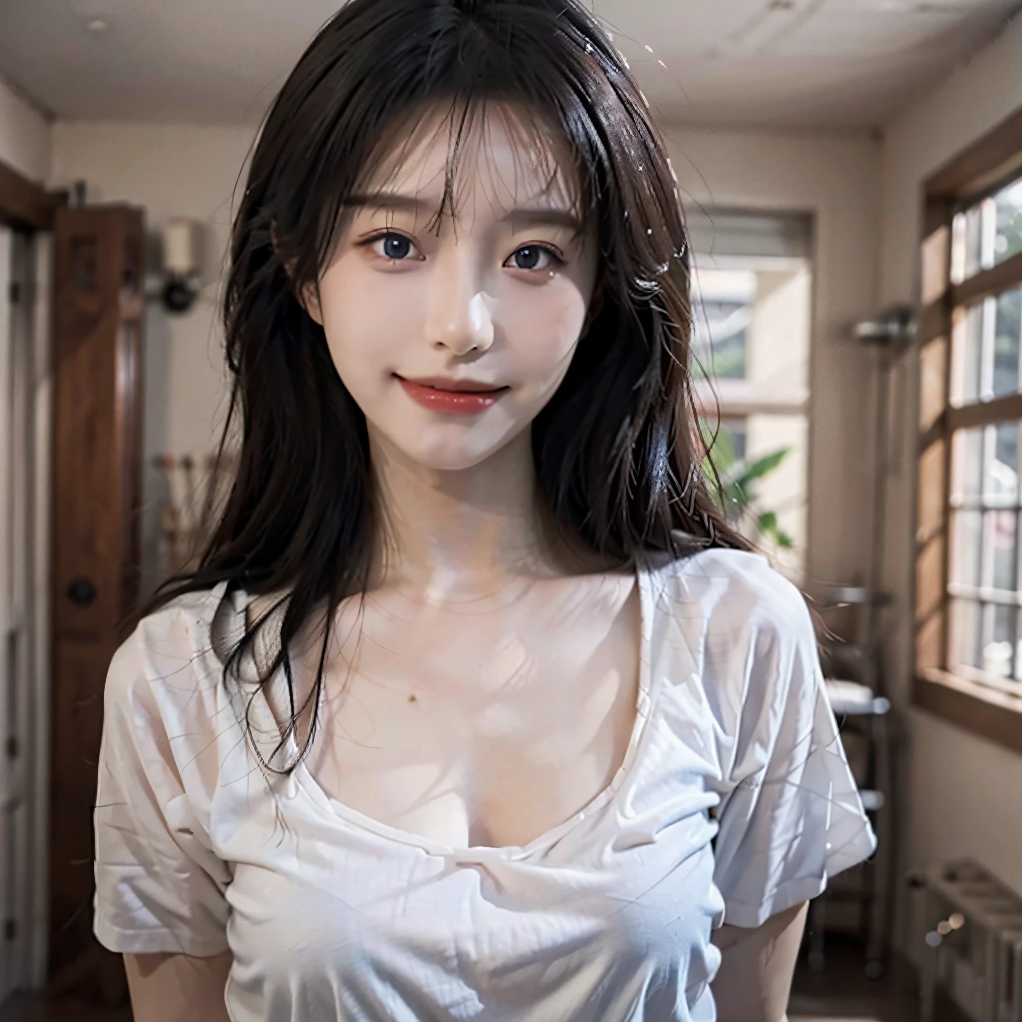 8K, Best Quality, Masterpiece, Ultra High Resolution, (Realism: 1.4), Original Photo, (Real Skin Texture: 1.3), (Film Grain: 1.3), (Selfie Angle), (1 Girl), Beautiful Blue Eyes and Face Details, Masterpiece, Best Quality, Close Up, Upper Body, Looking at the Audience, White T-Shirt, In the Room, Transparent Skin, Smiling