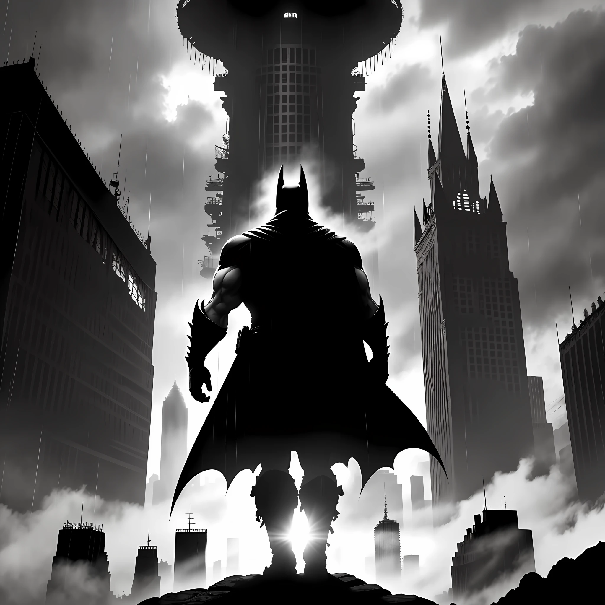 Batman standing at the top of the tower in the distance, cape, warrior, view of the city, Gotham city, heavy rainstorm, character silhouette, silhouette behind the tower, silhouette, silhouette, battlefield background, epic wallpaper, silhouette, unique silhouette, silhouette!!!,epic character composition, fan art, battlefield background, battlefield background, loading screen", pc wallpaper, black and white art,