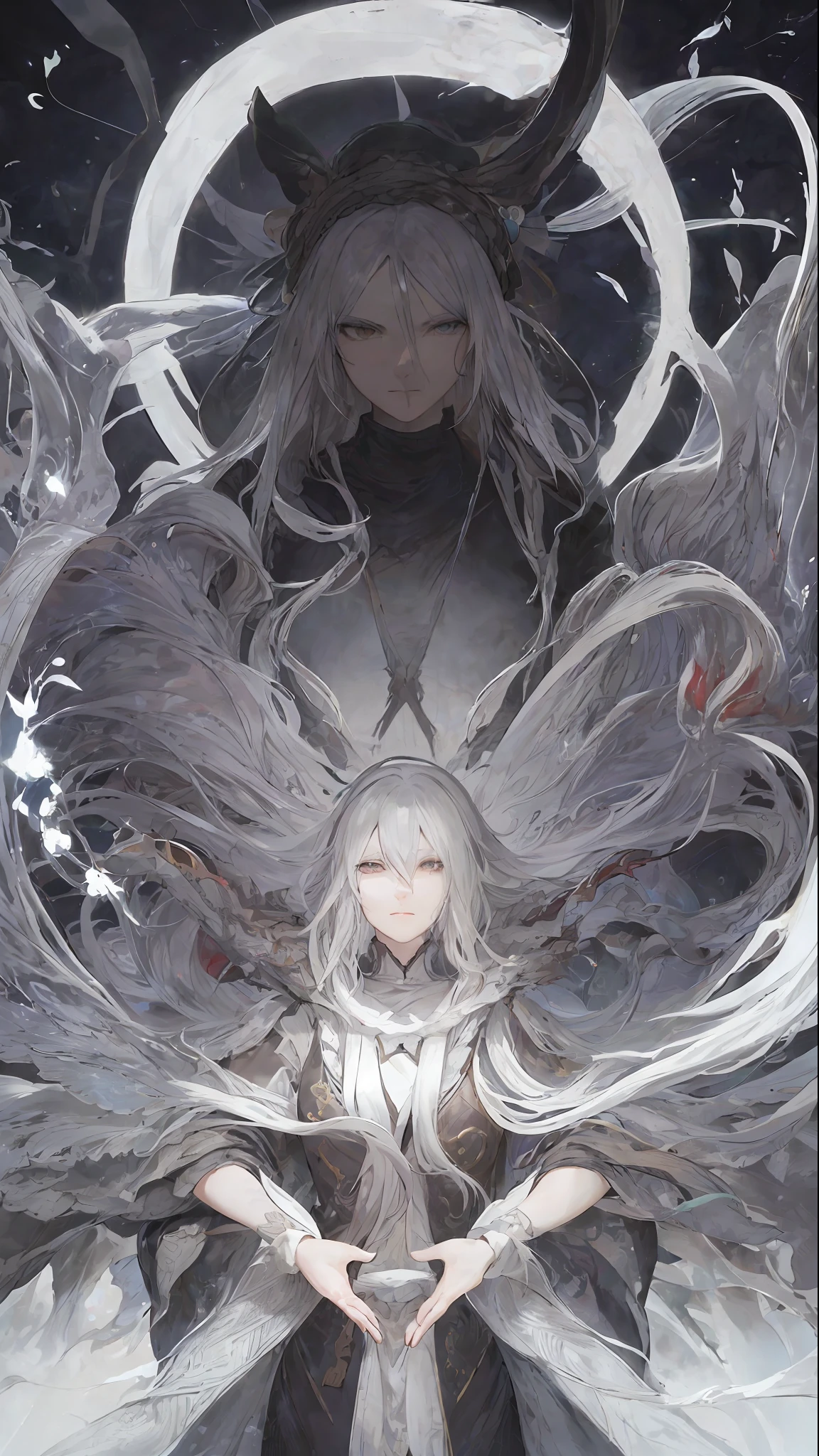 Close-up of a woman with white hair and a black scarf, portrait of Yang J, pixiv contest winner, fantasy art, white-haired god, beautiful character painting, Guvez style artwork, glaring gaze of Yuki Onna, Guweiz, long white hair, flowing hair and robes, wind, waterfall