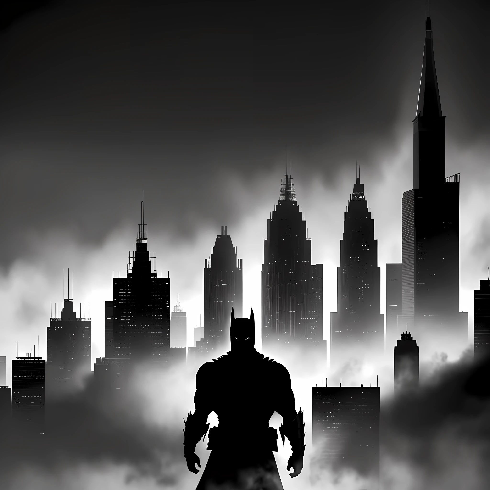Batman standing at the top of the tower in the distance, cape, warrior, view of the city, Gotham city, heavy rainstorm, character silhouette, silhouette behind the tower, silhouette, silhouette, battlefield background, epic wallpaper, silhouette, unique silhouette, silhouette!!!,epic character composition, fan art, battlefield background, battlefield background, loading screen", pc wallpaper, black and white art,