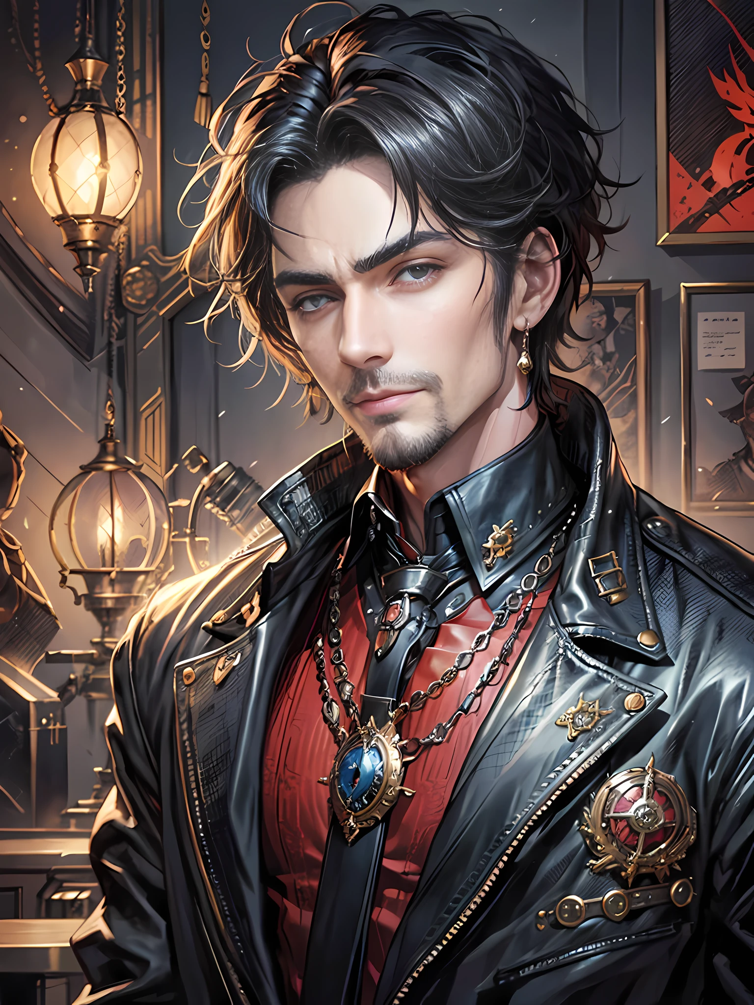 there is a man in a leather jacket standing in a room, steampunk male portrait, handsome guy in demon slayer art, anime portrait of a handsome man, detailed character portrait, closeup portrait of an artificer, fantasy male portrait, artgerm and ilya kushinov, detailed anime character art, inspired by Yamagata Hiro, rococo cyberpunk