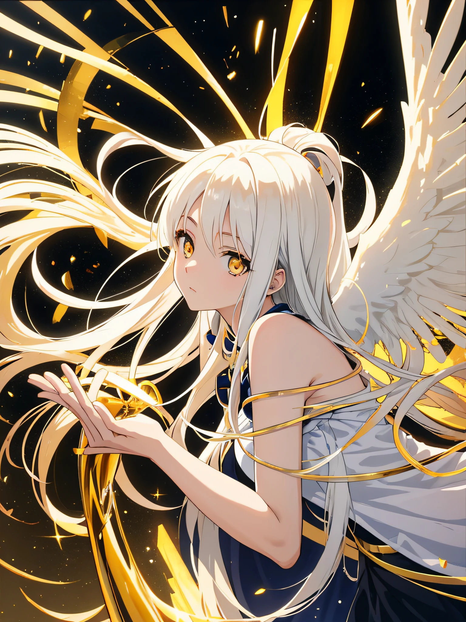 Anime, Two-dimensional, Expressionless Girl, Golden Eyes and White Hair, Angel, Six Wings, Shine, Golden Splendor, Big Scene, Single, Single, Single, Micro Side Face, Top-down, Spotlight