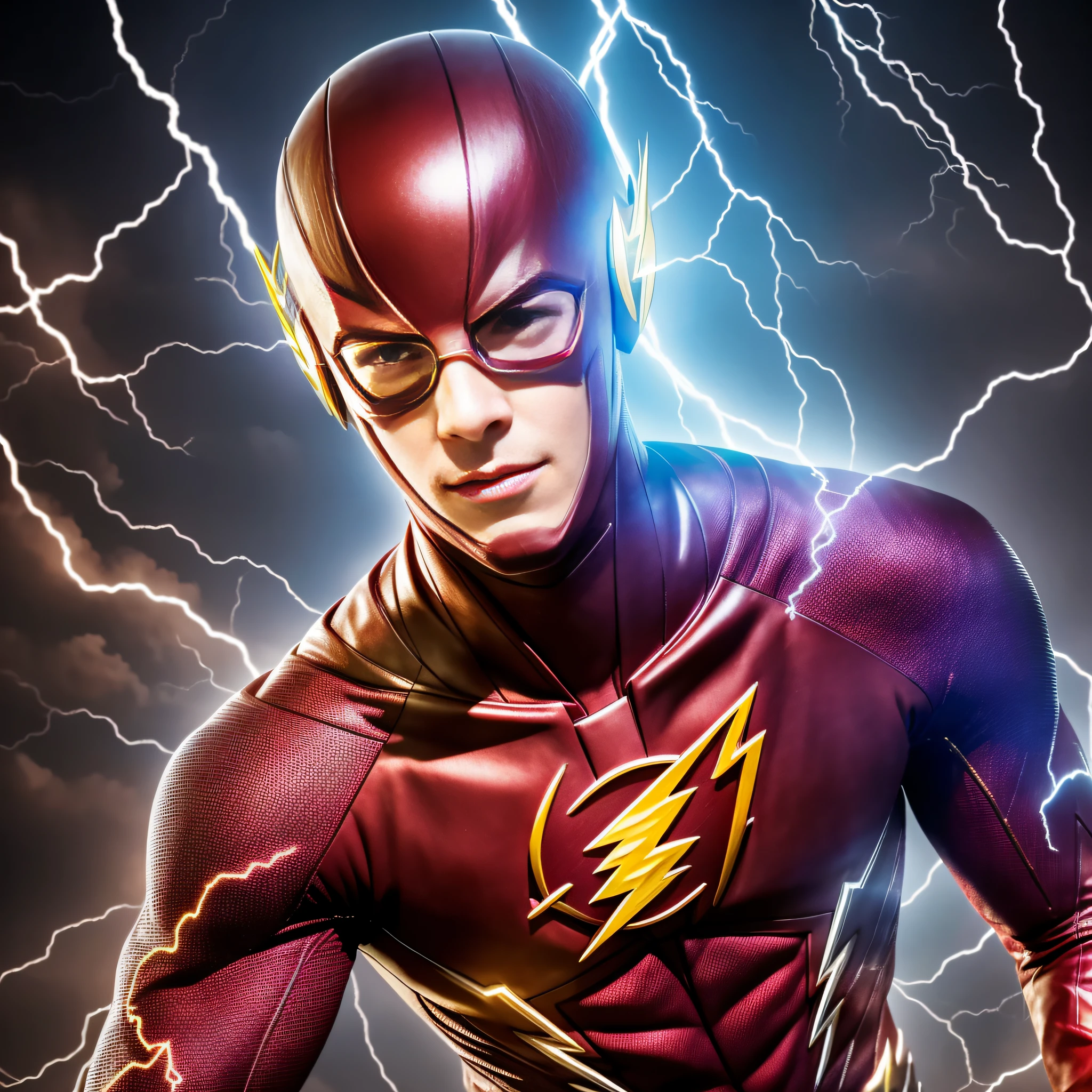 (Masterpieces: 1.5, 16K: 1.3, Grant Gustin: 1.2, The Flash: 1.2), Perfect human structure, lightning, no 8K Grant mask, shocking light shadow effect.