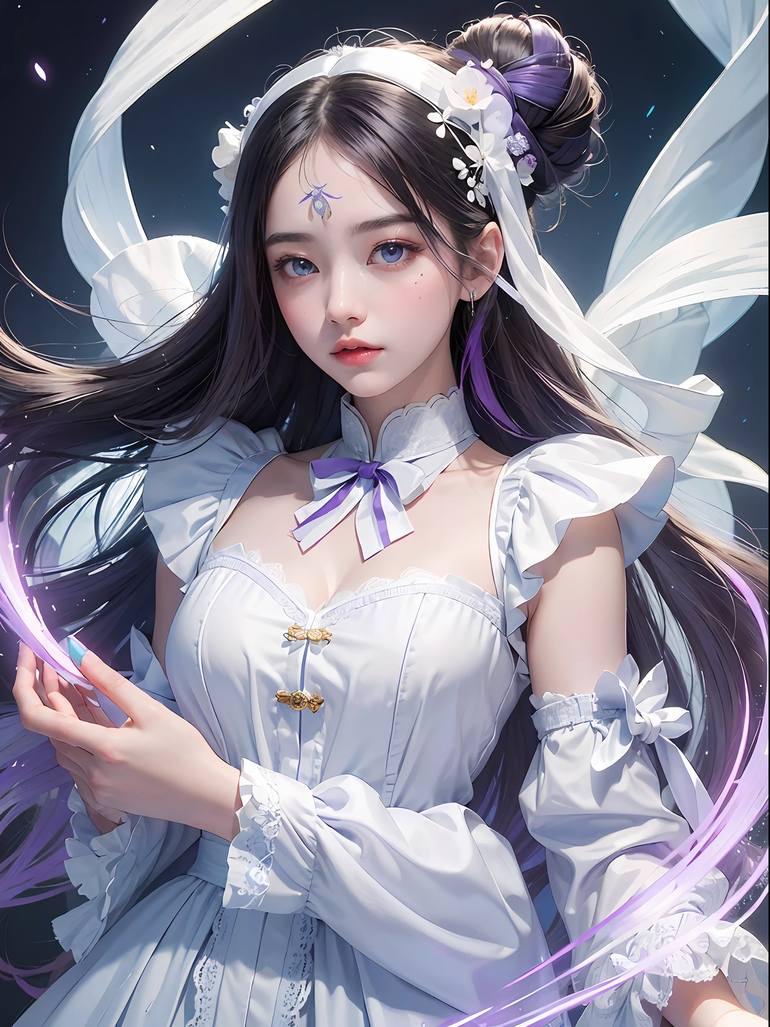 (((Masterpiece))), ((Best Quality))), ((Super Detailed)), (Illustration), (1 Girl), (Chinese Girl, White Skin, White Complexion, Shy Black Hair, )) (Solo), ((Extremely Delicate and Beautiful)), ((Beautiful Detailed Background of Magical Ancient Palace)), Beautiful Detail Eyes, Hair Between Eyes,Lace,Transparent, Ribbon, Bow Tie, Heart-shaped Buttons, Magical Theme, Mysterious Atmosphere, Vibrant, Intense Colors , ((color palette: bright white and poisonous purple, with a hint of soft grayish blue,)) ((breeze)), wind, bun, multi-colored eyes, hair accessories, whimsical, gacha splash, official art, glowing particles, glowing balls, ghostly, haunted, intriguing,