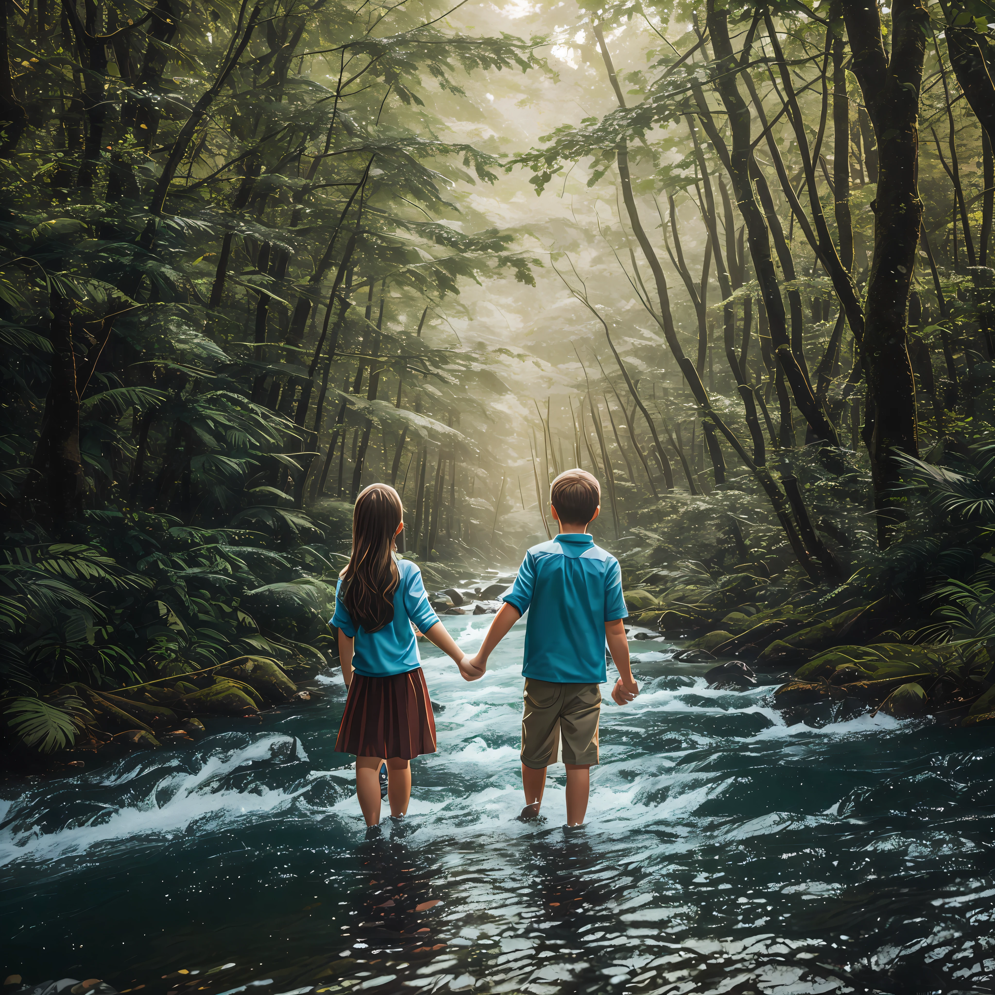 8k, best quality, ultra realistic, highly detailed,1 boy ,1 girl , walking, on forest, holding hands,sum set time,river ,trees, romantic, butiful nature, --auto --s2