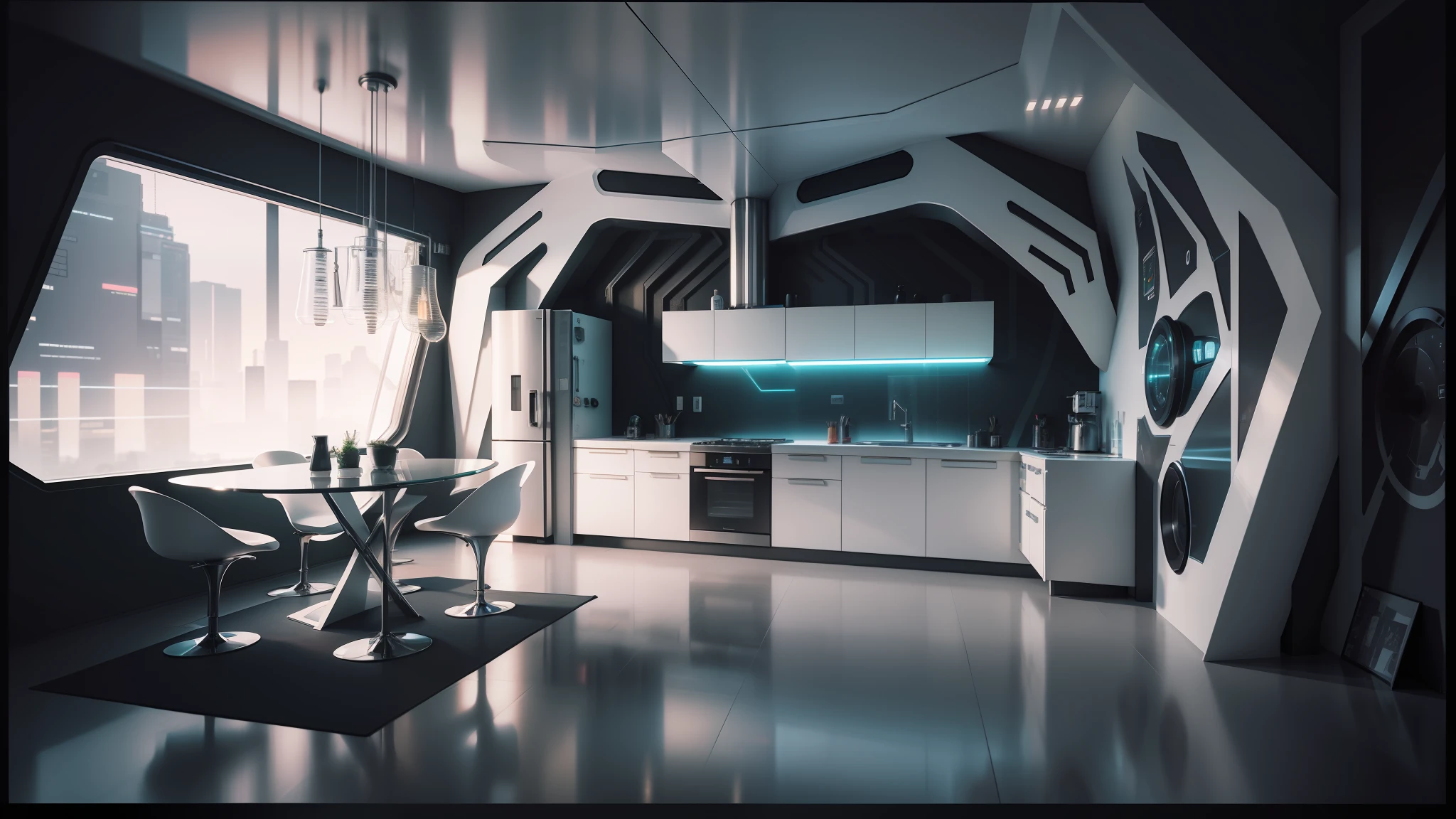 there is a modern kitchen with a large window and a table, futuristic interior, cyberpunk apartment, futuristic decor, futuristic looking living room, retro futuristic apartment, cyberpunk ikea, futuristic room, sci - fi interior, futuristic. game cg, the cyberpunk apartment, futuristic room background, futuristic house, rendered in lumion pro, rendered in lumion, cyberpunk interior --auto --s2