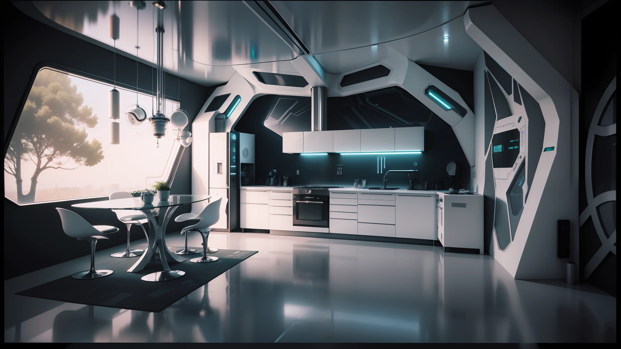 there is a modern kitchen with a large window and a table, futuristic interior, cyberpunk apartment, futuristic decor, futuristic looking living room, retro futuristic apartment, cyberpunk ikea, futuristic room, sci - fi interior, futuristic. game cg, the cyberpunk apartment, futuristic room background, futuristic house, rendered in lumion pro, rendered in lumion, cyberpunk interior --auto --s2