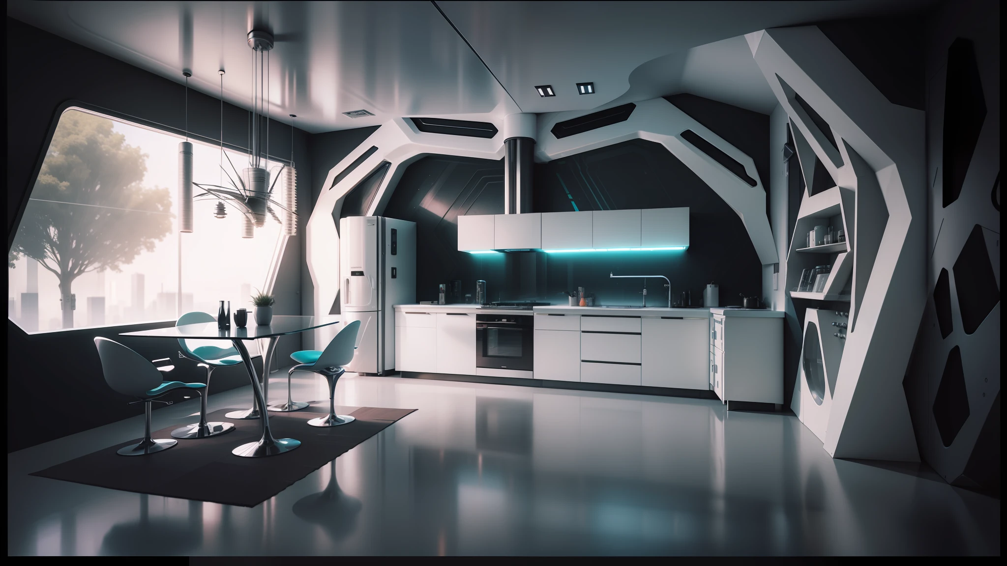 there is a modern kitchen with a large window and a table, futuristic interior, cyberpunk apartment, futuristic decor, futuristic looking living room, retro futuristic apartment, cyberpunk ikea, futuristic room, sci - fi interior, futuristic. game cg, the cyberpunk apartment, futuristic room background, futuristic house, rendered in lumion pro, rendered in lumion, cyberpunk interior --auto --s2