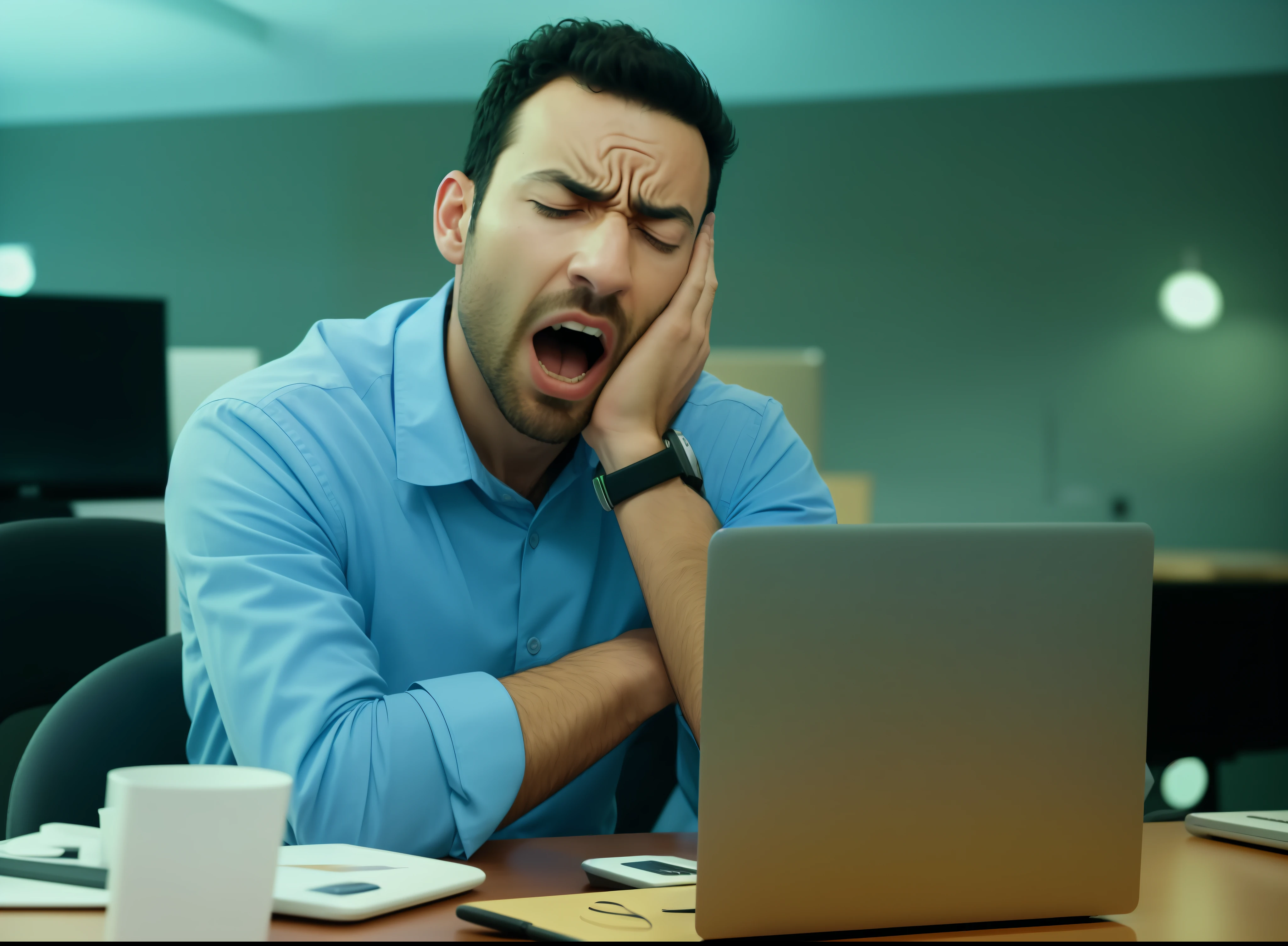 arafed man sitting at a desk with his laptop and yawning, yawning, technological anguish, sleepy expression, a python programmer's despair, sleepy, tired expression, people panicking, frustrated face, dramatic bored expression, fatigue, tired face, frustrated expression, bored expression, movie still of a tired, tired and haunted expression, frustrated