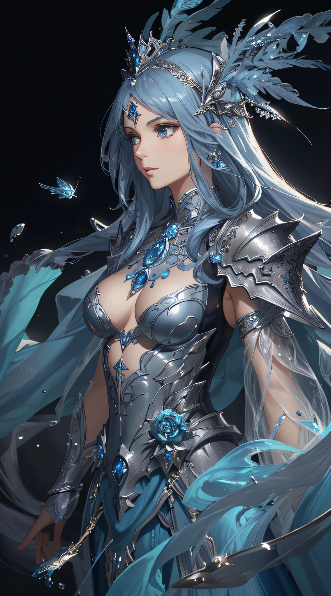 Close-up of a woman in a blue dress with a feather headdress, detailed fantasy art, epic and exquisite character art, 2. 5d CGI anime fantasy artwork, stunning character art, 4k fantasy art, light blue armor, highly detailed fantasy art, detailed fantasy digital art, wearing ethereal armor, fantasy art style, beautiful armor, beautiful fantasy art, full body, background with special effects, with water, light