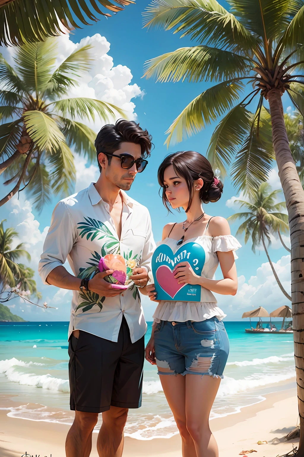 imagine a couple a man and a woman holding a painting with a heart, facing the camera, very detailed, hearts, cartoon, tropical beach background, pixar style --auto --s2