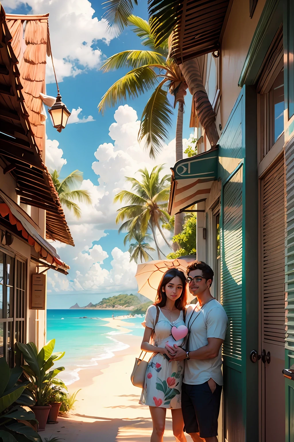 imagine a couple a man and a woman holding a painting with a heart, facing the camera, very detailed, hearts, cartoon, tropical beach background, pixar style --auto --s2