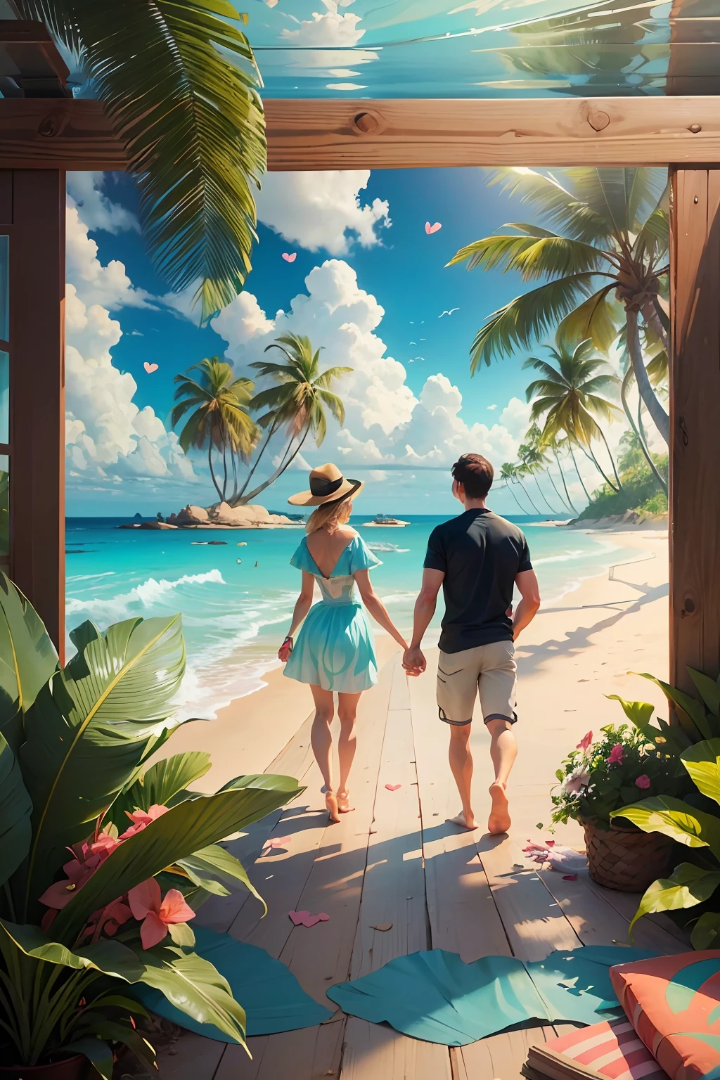 imagine a couple a man and a woman holding a painting with a heart, facing the camera, very detailed, hearts, cartoon, tropical beach background, pixar style --auto --s2