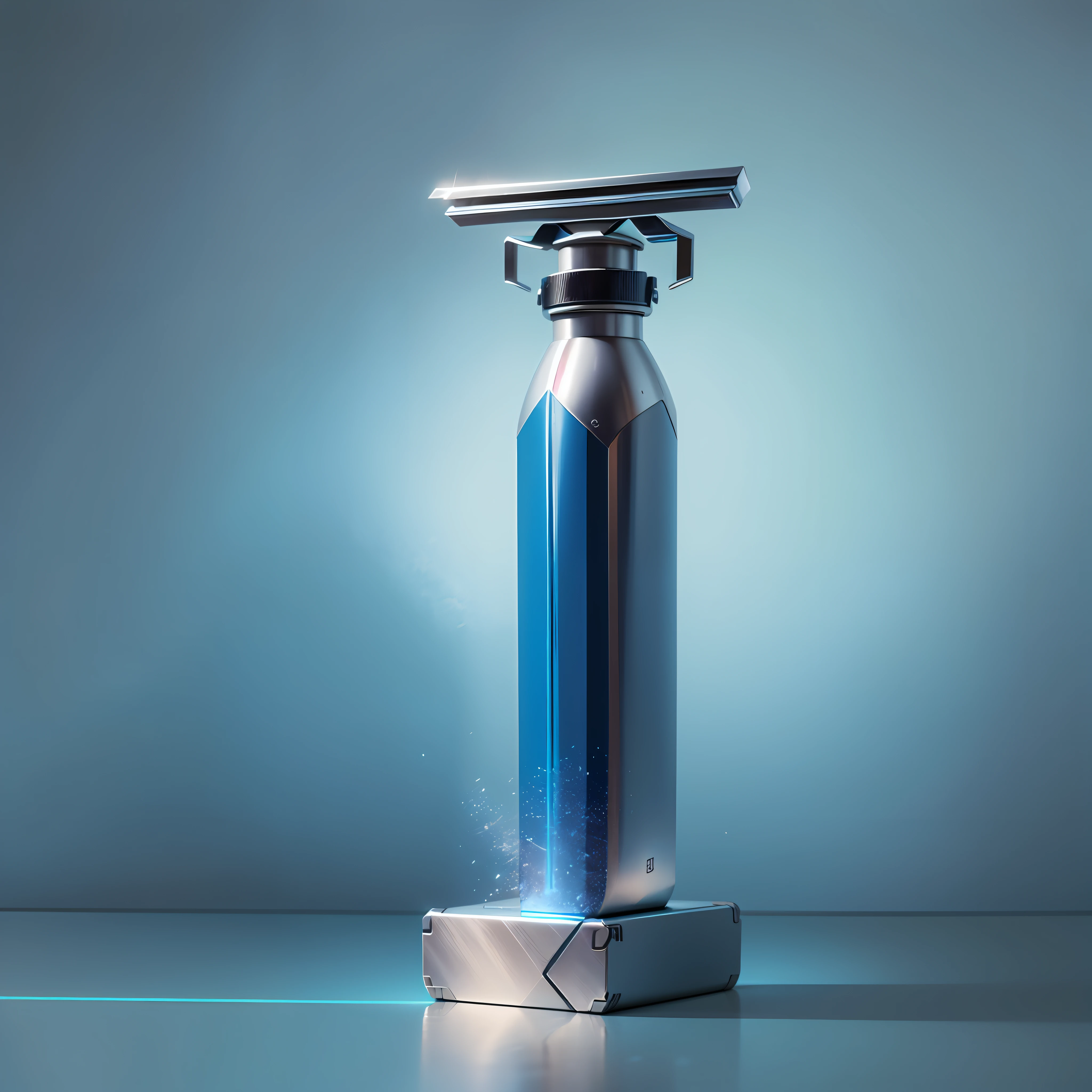8K, product, razor, light and shadow, blue background, metal razor, tabletop, razor standing on tabletop with a cube next to it on the tabletop with 123 written on it --auto --s2