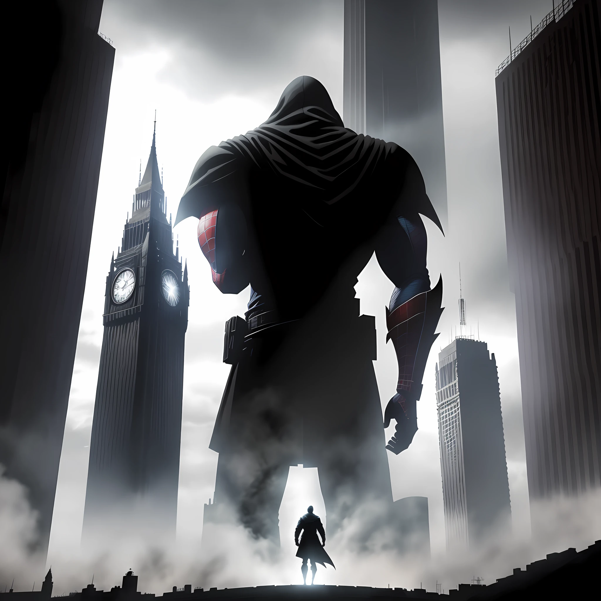 Spider-Man standing on top of a tower in the distance, cloak, warrior, city view, Gotham City, heavy downpour, character silhouette, silhouette behind tower, silhouette, silhouette, battlefield background, epic wallpaper, silhouette, unique silhouette, silhouette!!!,epic character composition, fan art, battlefield background, battlefield background, loading screen", PC wallpaper, black and white art,
