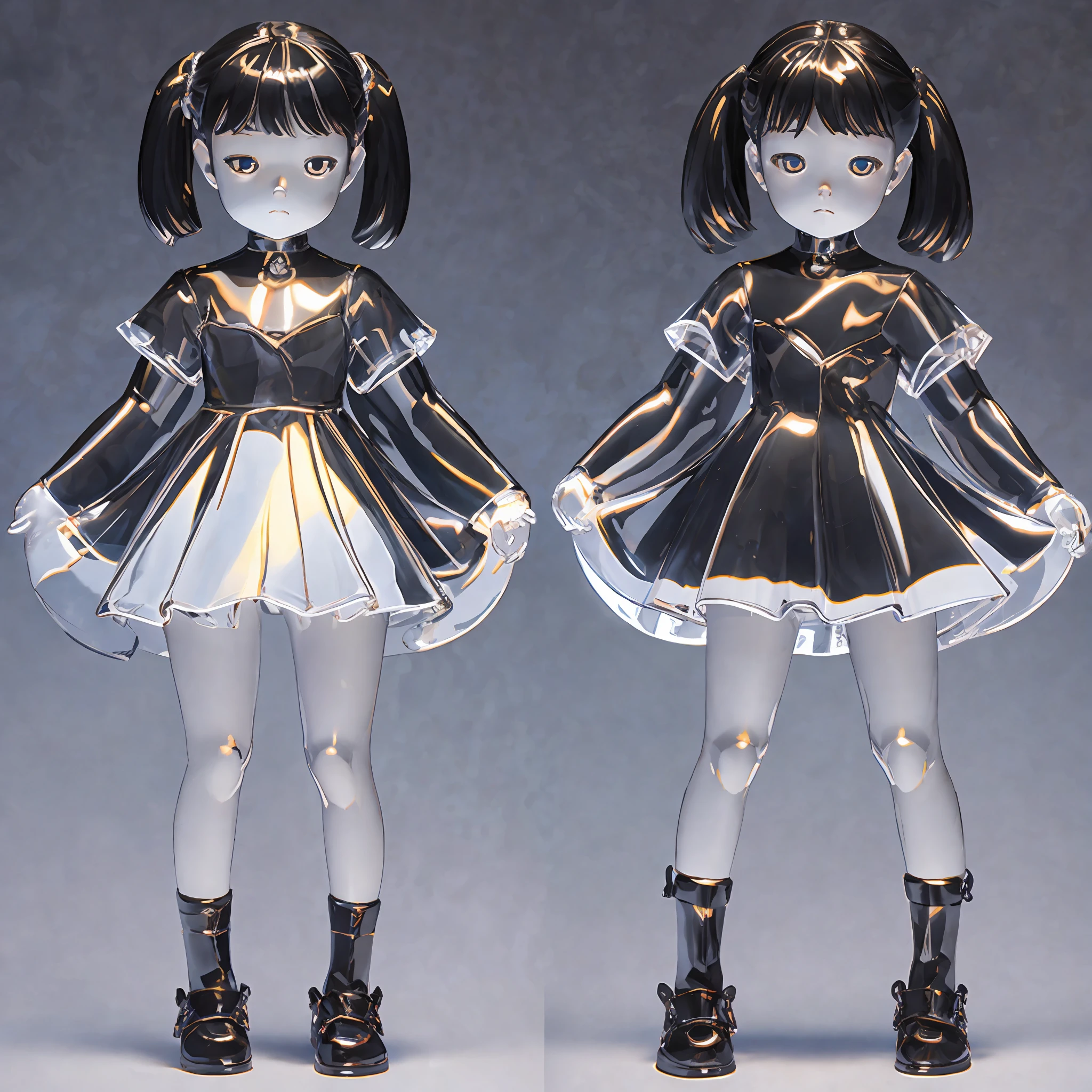 Full body, complete view,主体,three views of the little girl’s character, front view of the little girl, side view of the little girl, back view of the little girl, 风格, transparent material, best lighting, contrast between light and dark, Zbrush, 3D, OC rendering, super detail --auto --s2