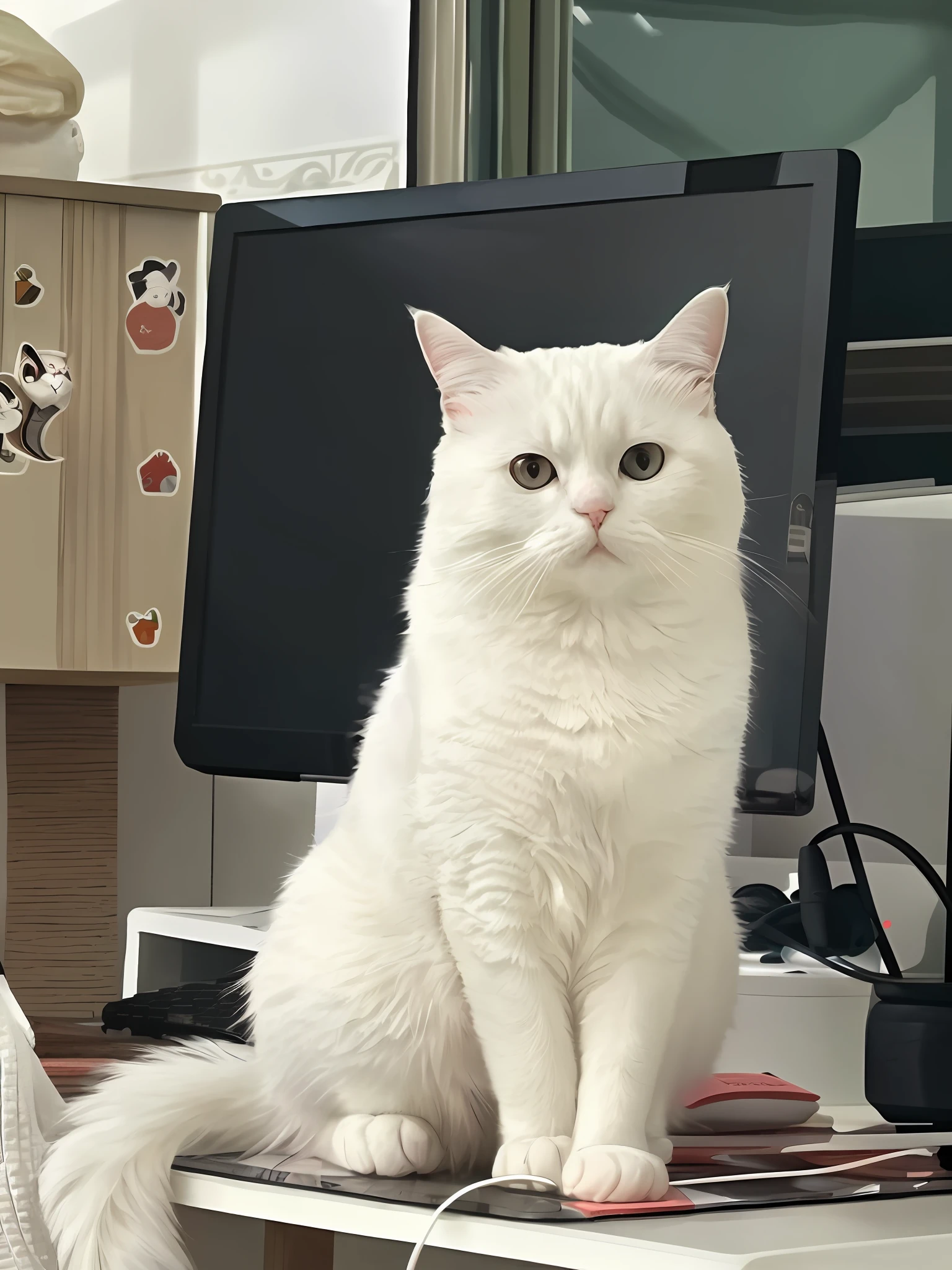 There is a white cat sitting on the table next to the computer, white (cat) boy, white cat, fat cat on the table, she looks at us, silver gradation, proudly looking into the distance, portrait of a white cat, proud serious expression, making a majestic pose