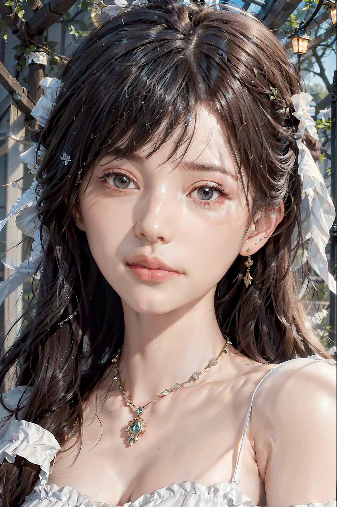best quality, ultra hi res, photoreaslistic, a photography of a beautiful woman, 26yo teen age, detailed face, black Feathered layers, (detailed porcelain doll,delicate clothes with a lot of frills and ribbons), Bridge, (face close up), seductive look, looking at viewer