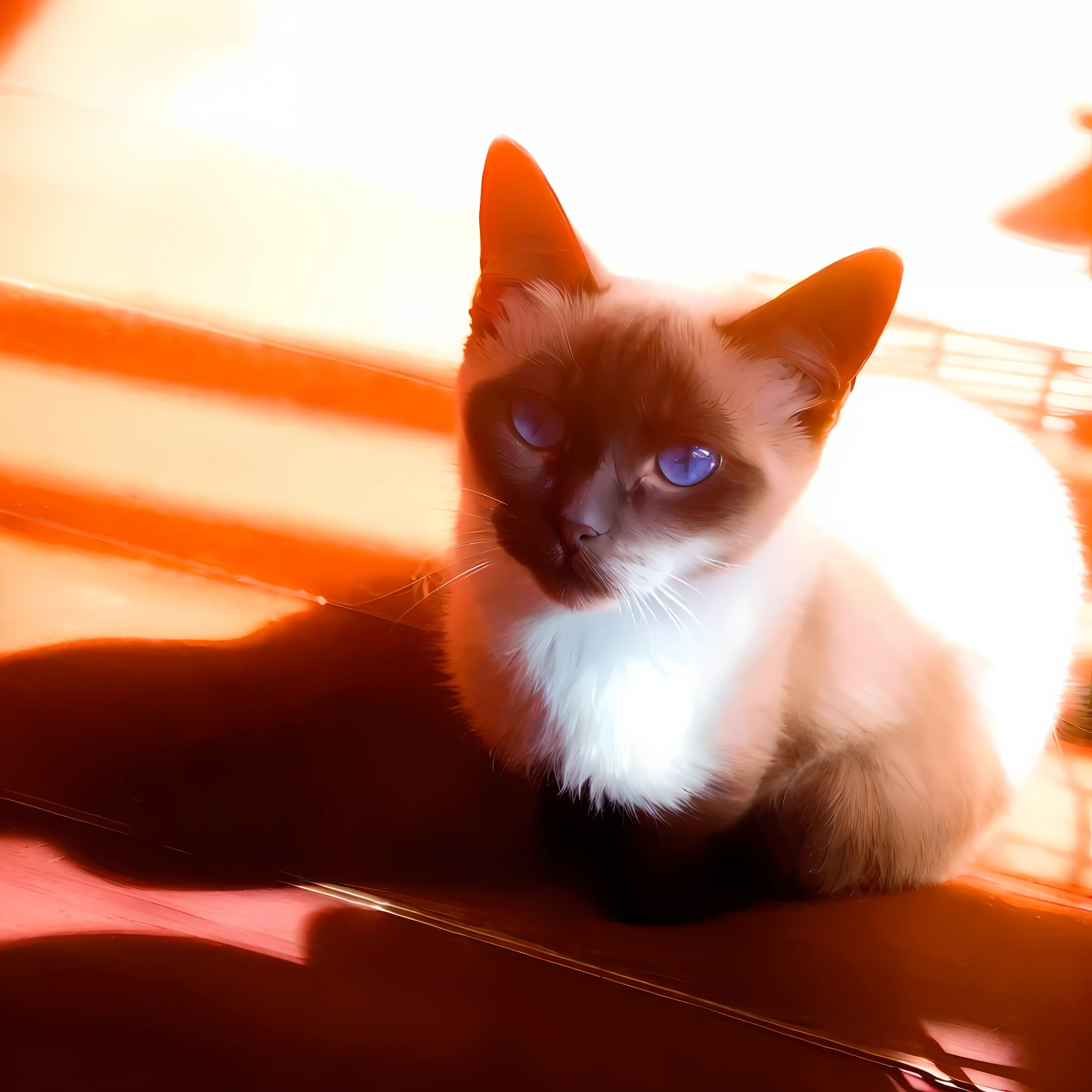 There is a cat sitting on the floor looking at the camera, aesthetic Siamese cat, cat - like sapphire eyes, in the sun, pictures of cats, intense sunlight, bright glowing eyes, glowing red eyes, bright glowing eyes, glowing blue eyes, beautiful blue glowing eyes, beautiful white glowing eyes, red glowing eyes