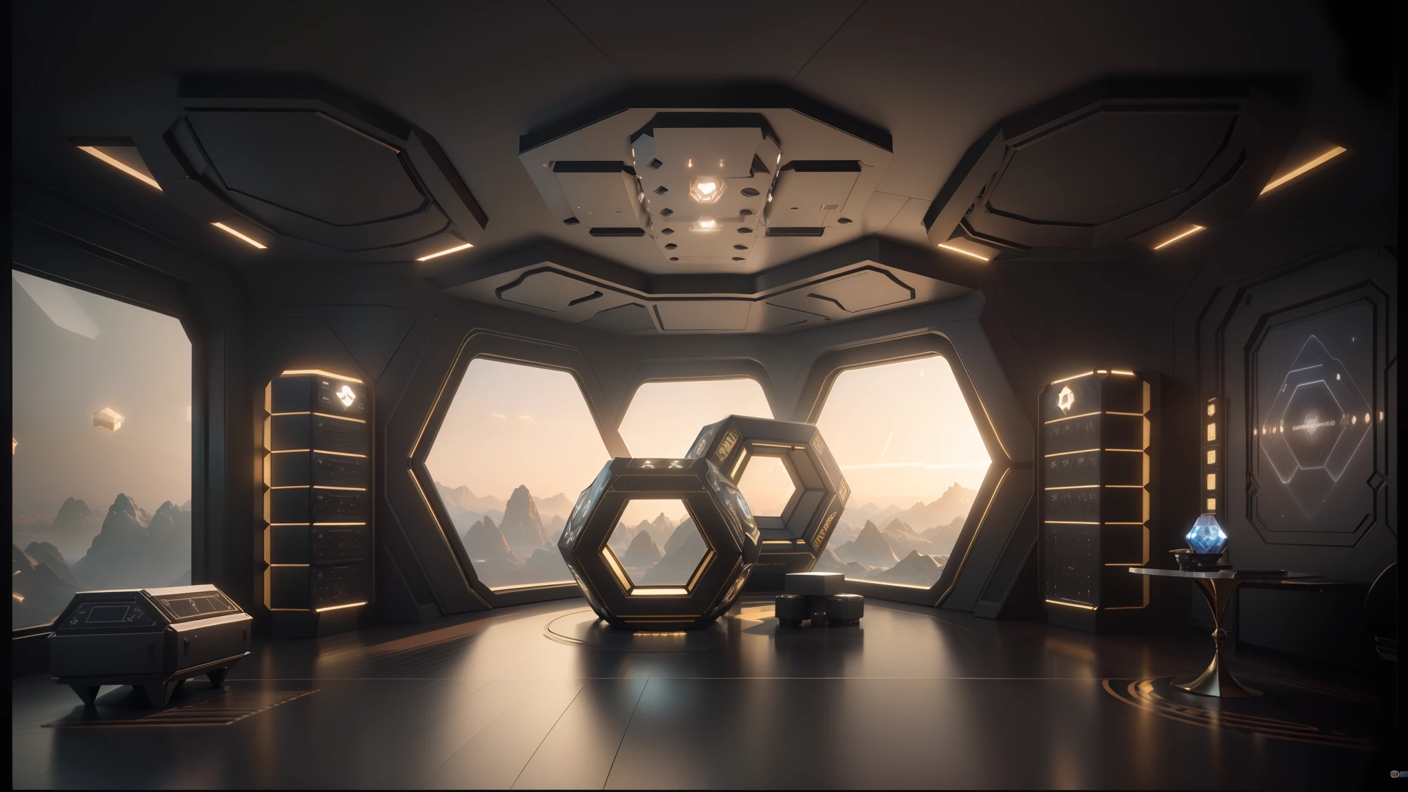 arafed room with a large hexagon structure in the middle, cgsociety 9, by Huang Ding, cinema 4 d cinematica, maxon cinema 4d, tardis console room, scene render, vray cinematic smooth, cgi rendering, 8 k uhd cinema 4 d, cgsociety award, studio muti, 8k vfx render --auto --s2