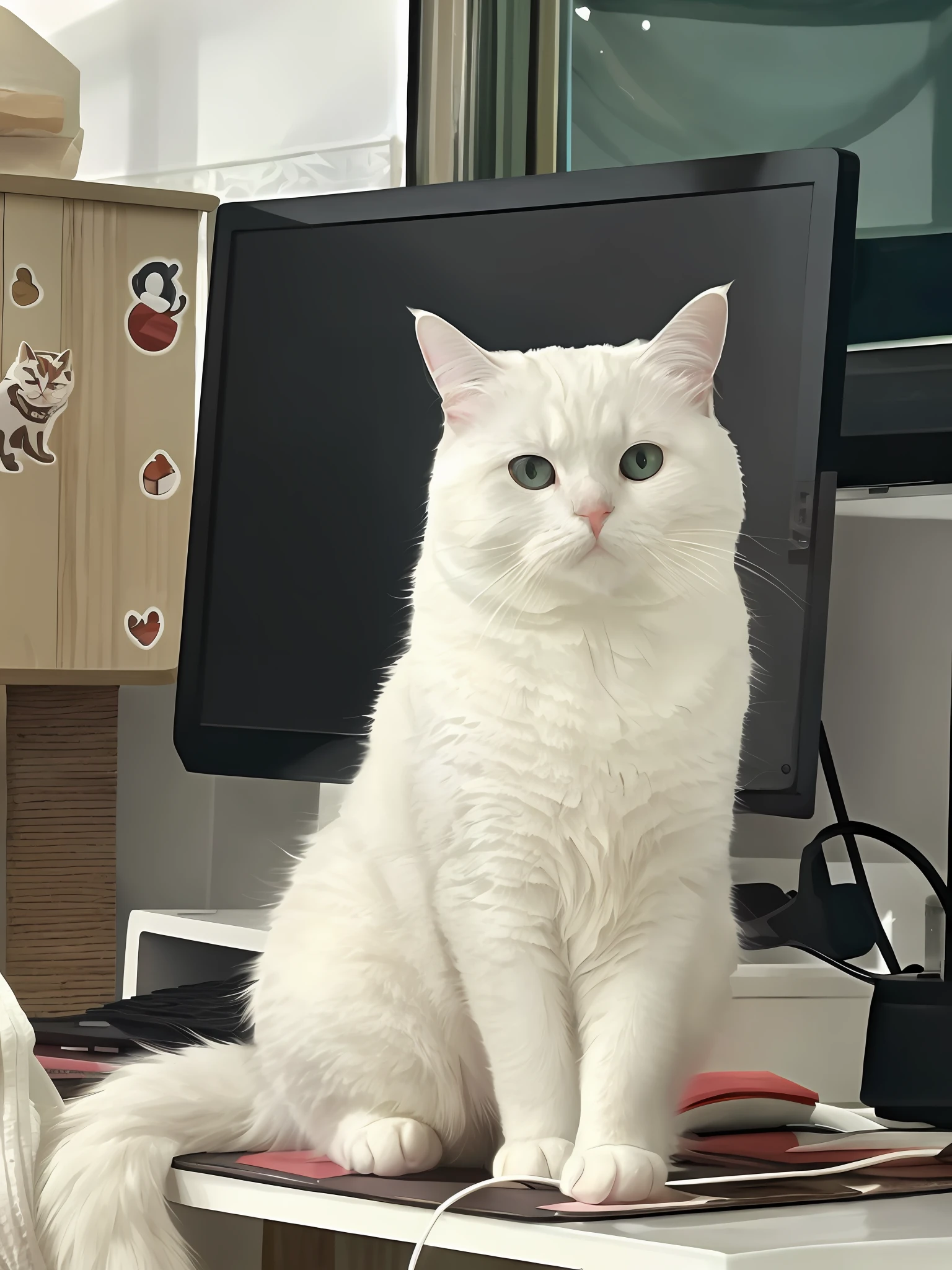There is a white cat sitting on the table next to the computer, white (cat) boy, white cat, fat cat on the table, she looks at us, silver gradation, proudly looking into the distance, portrait of a white cat, proud serious expression, making a majestic pose