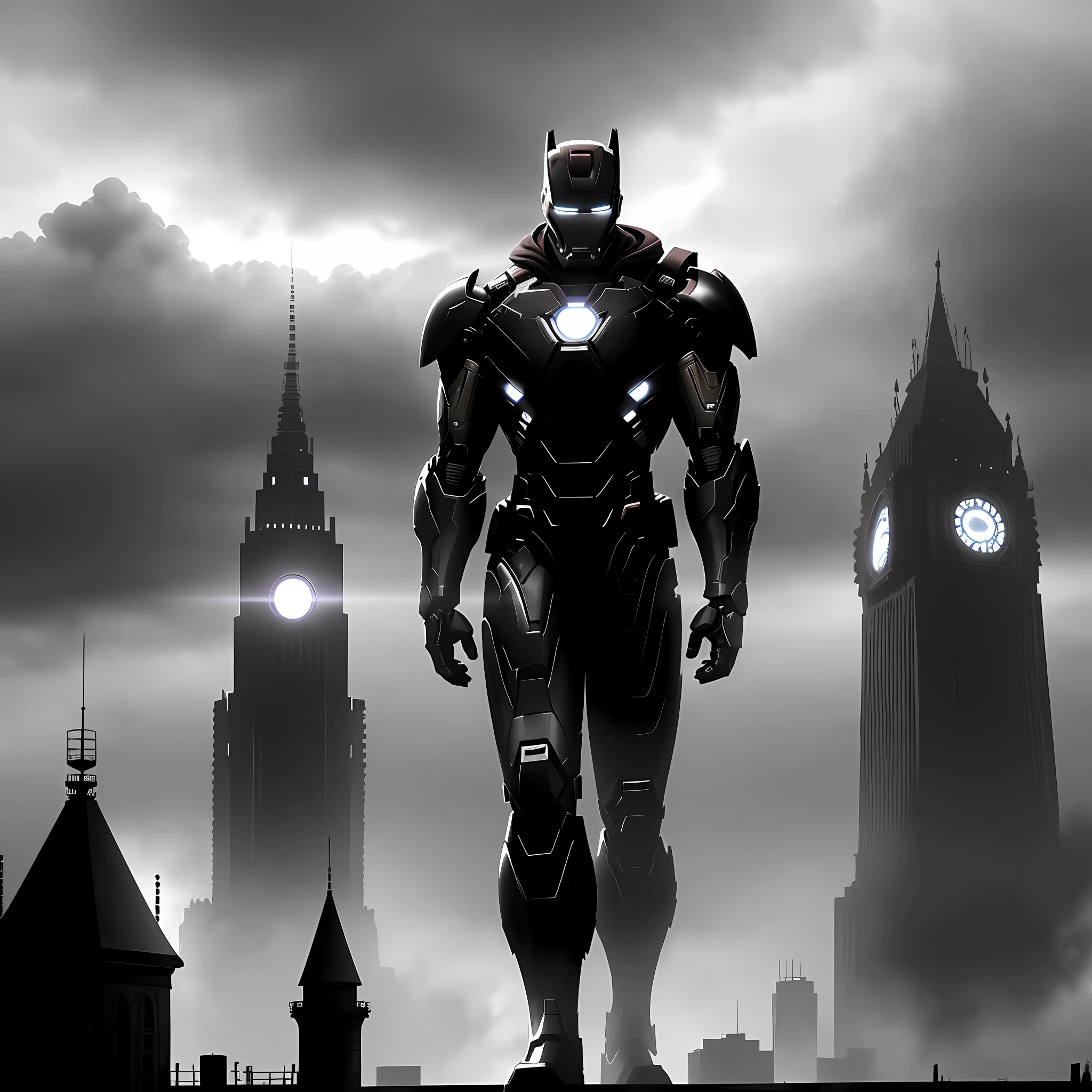 Iron Man standing on top of a tower in the distance, cloak, warrior, city view, Gotham City, heavy downpour, character silhouette, silhouette behind tower, silhouette, silhouette, battlefield background, epic wallpaper, silhouette, unique silhouette, silhouette!!!,epic character composition, fan art, battlefield background, battlefield background, loading screen", PC wallpaper, black and white art,