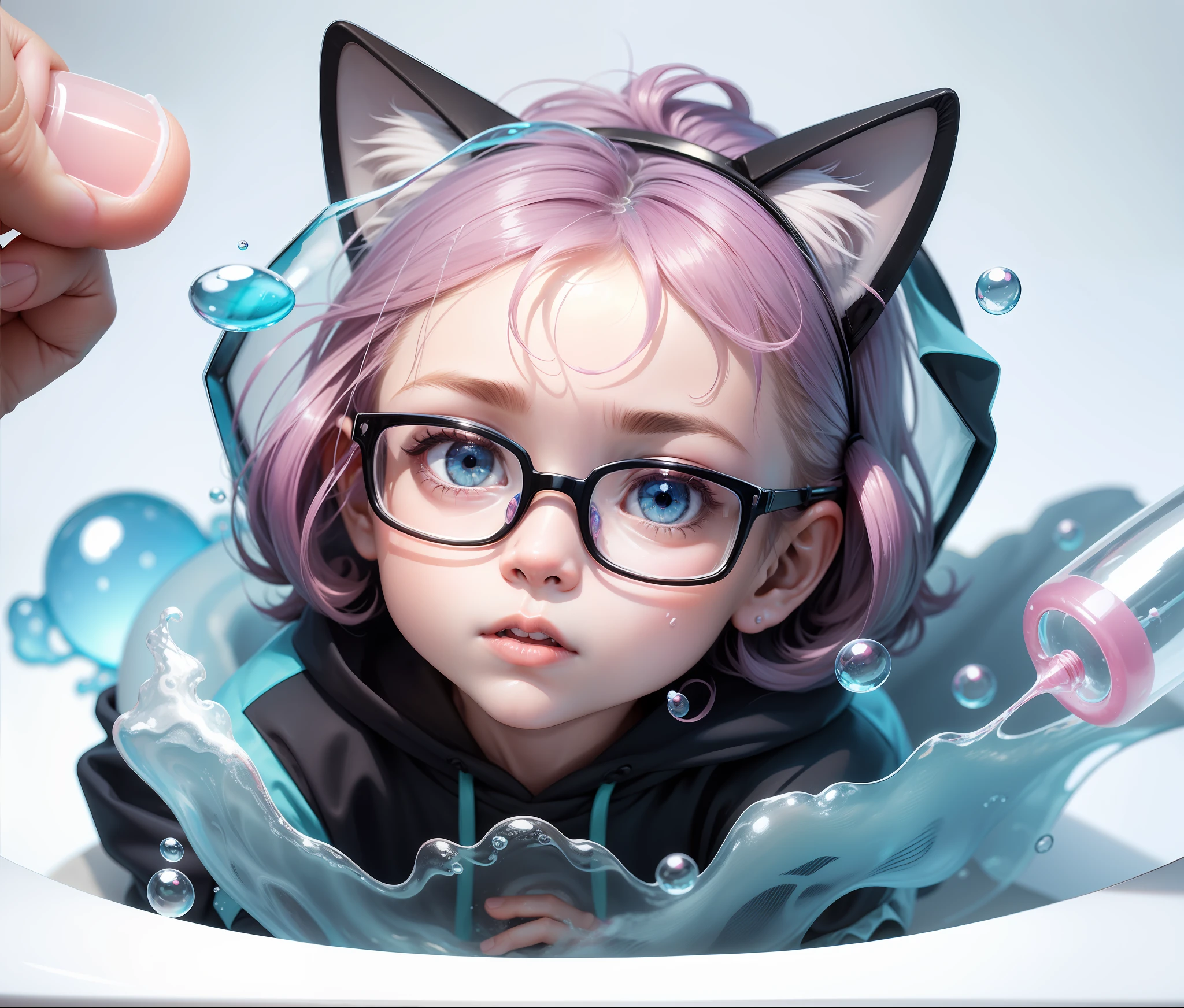 On top of it lies a square frame of little boy with glasses and pink cat ears, blue object with lots of bubbles, blisters, bubbles, soap bubble head, soap bubbles, transparent slime, blue transparent jelly, realistic jelly splash, [bubbles, bubbling skin, ice fish shape, clear liquid, bubble head, transparent jellyfish, jellyfish gelatin, hyperrealistic style, 8K clarity --auto --s2
