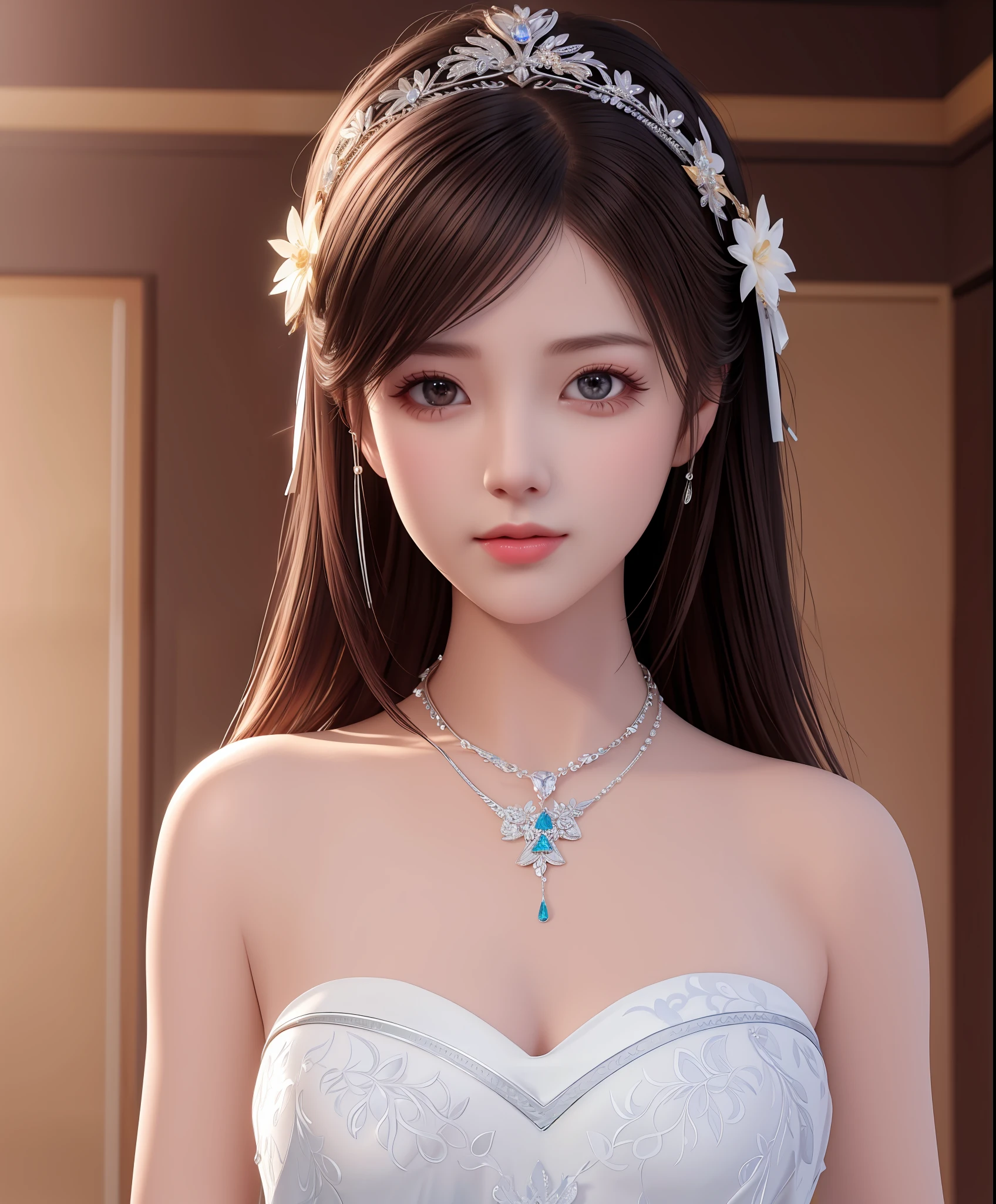 Best quality, masterpiece, high resolution, 1girl, porcelain dress, hair accessories, necklace, jewelry, beautiful face, on the body, Tyndall effect, realistic, dark studio, edge lighting, two-tone lighting, (high detail skin: 1.2), 8k UHD, dslr, soft light, high quality, volumetric light, candid, photo, high resolution, 4k, 8k, background blur,