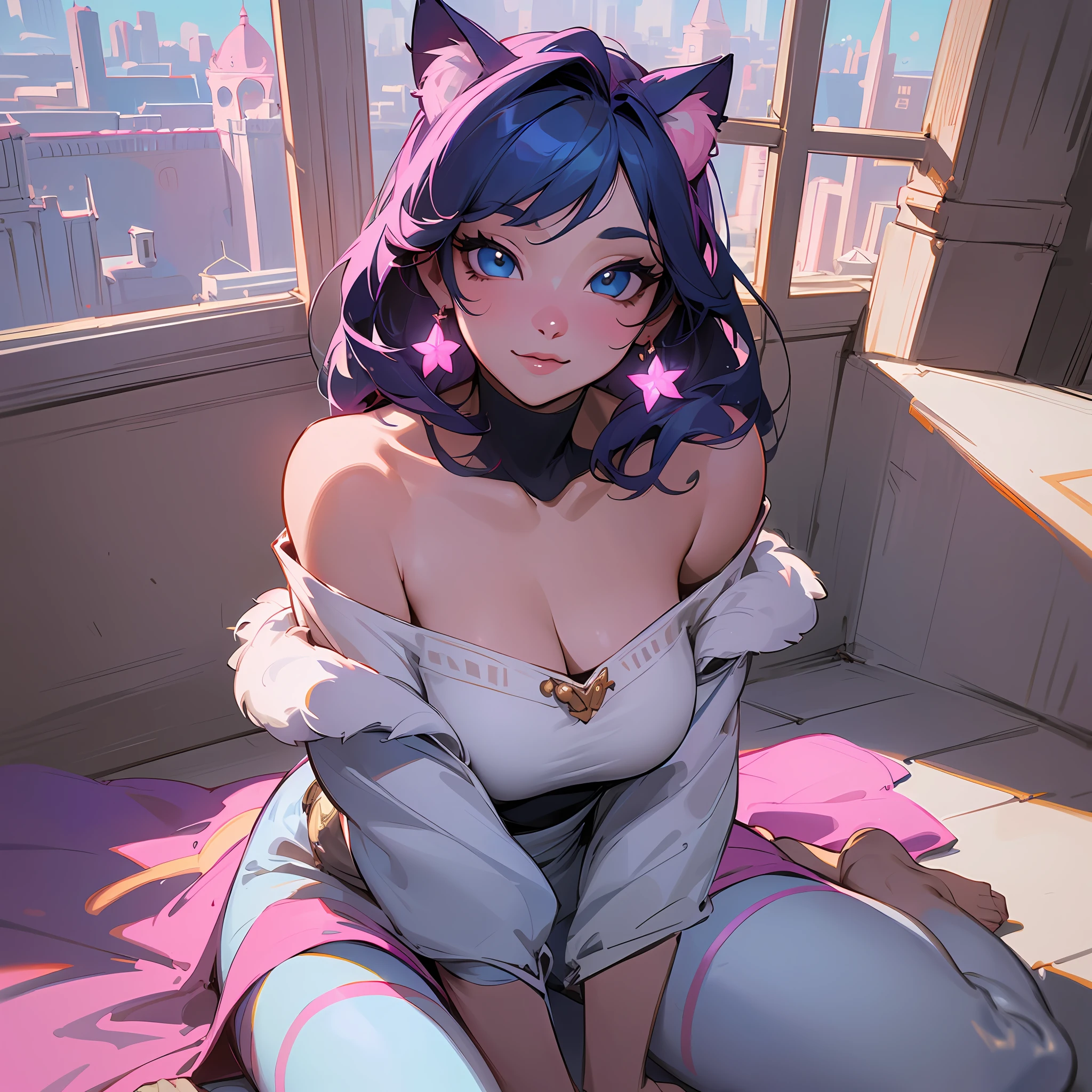 Jasmine, single woman, big tits , hug(( cat:pink , furry, cute. )) ((Skin Blue))(( yallow eyes)) ,solo, looking at the viewer, smile, shirt, bare shoulders, jewelry, sitting, full body, flower, earrings, pants, off shoulder, short top, make-up, sitting on the edge of the palace balcony, white tiles, night, stars , Off Shoulder Shirt (Realism: 1.2), (Realism), (Masterpiece: 1.2), (Best Quality), (Highly Detailed), (8k, 4k, Intricate), (Full Body Shot: 1), (85 mm), light particles, lighting, (highly detailed: 1.2), (face detailed: 1.2), (gradients), sfw, color, (eyes detailed: 1.2) (background detailed), landscape detailed, (dynamic angle: 1.2 ), (dynamic mode: 1.2), (third configuration rule: 1.3), (work path: 1.2) --style of Glen Keane