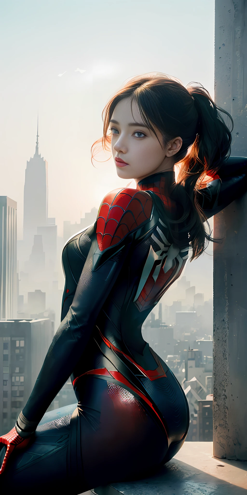 (1girl:1.3), solo, ((very detailed white clean face, beautiful cute face))), ((very detailed eyes and face))), beautiful detail eyes, body parts__, official art, unified 8k wallpaper, super detailed, beautiful and beautiful, beautiful, masterpiece, best quality, original, masterpiece, super fine photo, best quality, super high resolution, realistic realism, sunlight, full body portrait, amazing beauty, dynamic pose, delicate face, vibrant eyes, (from the front), She wears Spider-Man suit, red and black color scheme, spider, very detailed city roof background, rooftop, overlooking the city, detailed face, detailed complex busy background, messy, gorgeous, milky white, highly detailed skin, realistic skin details, visible pores, clear focus, volumetric fog, 8k uhd, DSLR, high quality, film grain, fair skin, photo realism, lomography, Future dystopian megalopolis, translucent