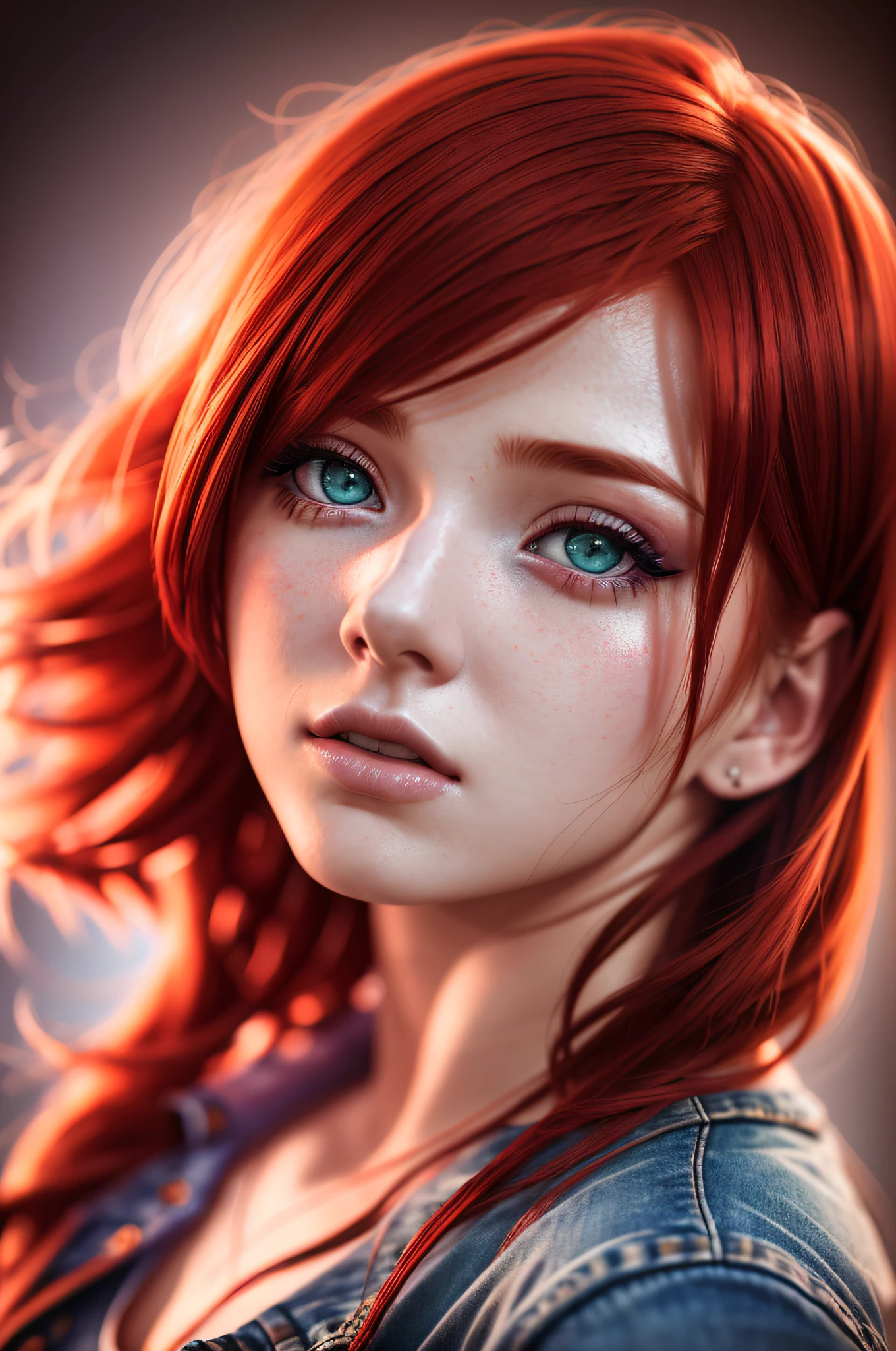 Closeup Shot ung woman, human, red hair, standing looking at the camera, Backlite lighting, ahegao, (HDR:1.3), (muted colors:1.2), dramatic, complex background, cinematic, filmic, photorealistic, detailed