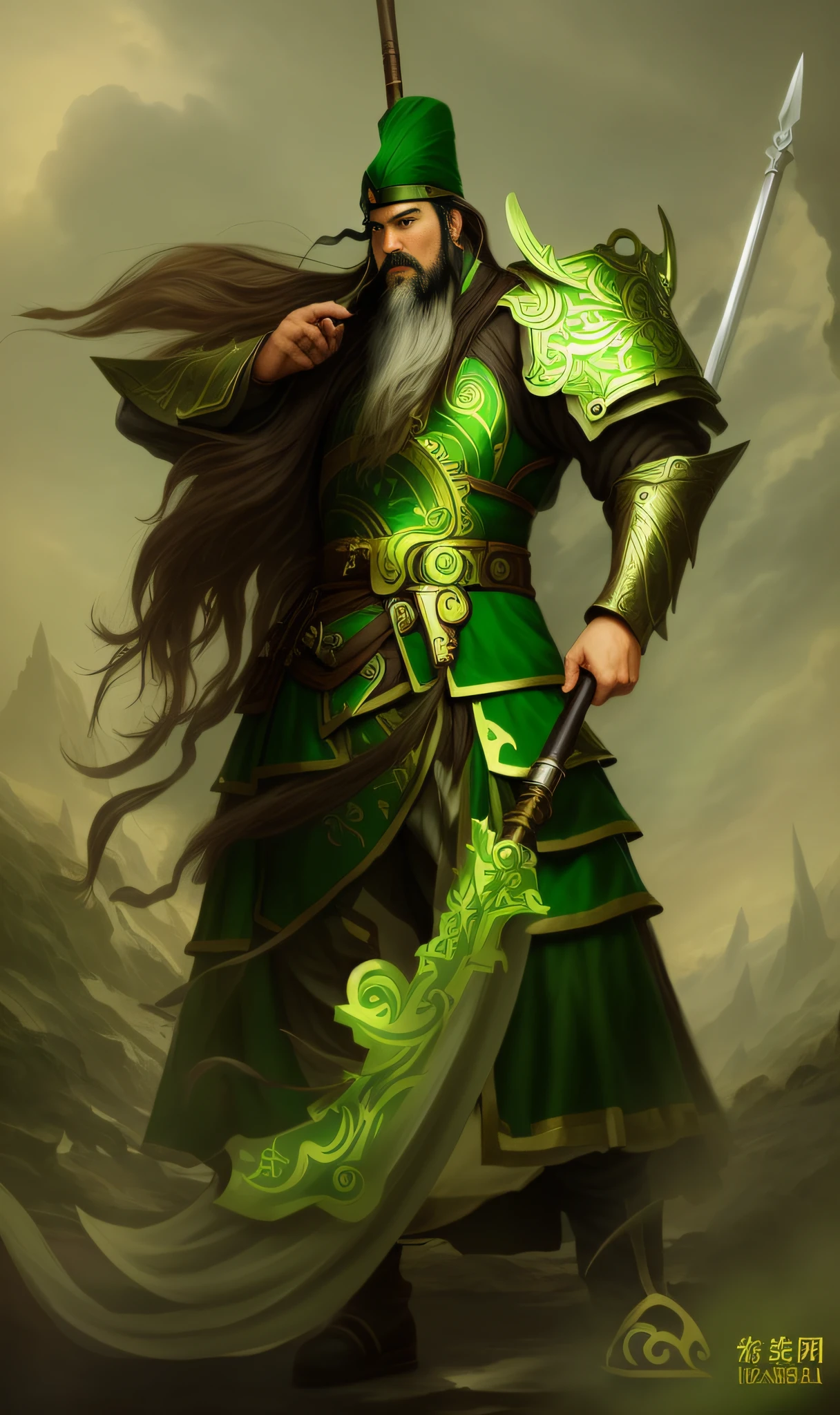 A close-up of a man dressed in green holding a sword, Guan Yu, his right hand stroking a very long beard, a fine face, fine eyes, white background